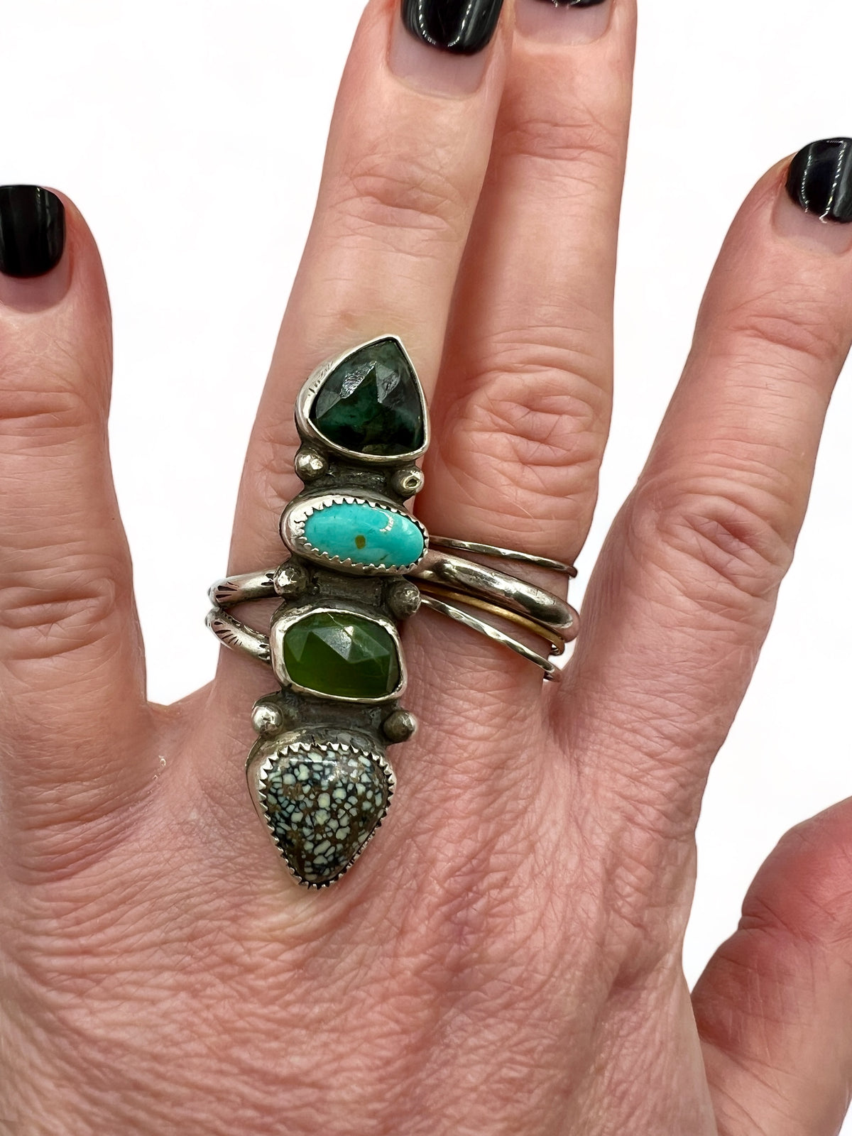 Emerald, Turquoise and Serpentine Quadruple Ring size 5.75