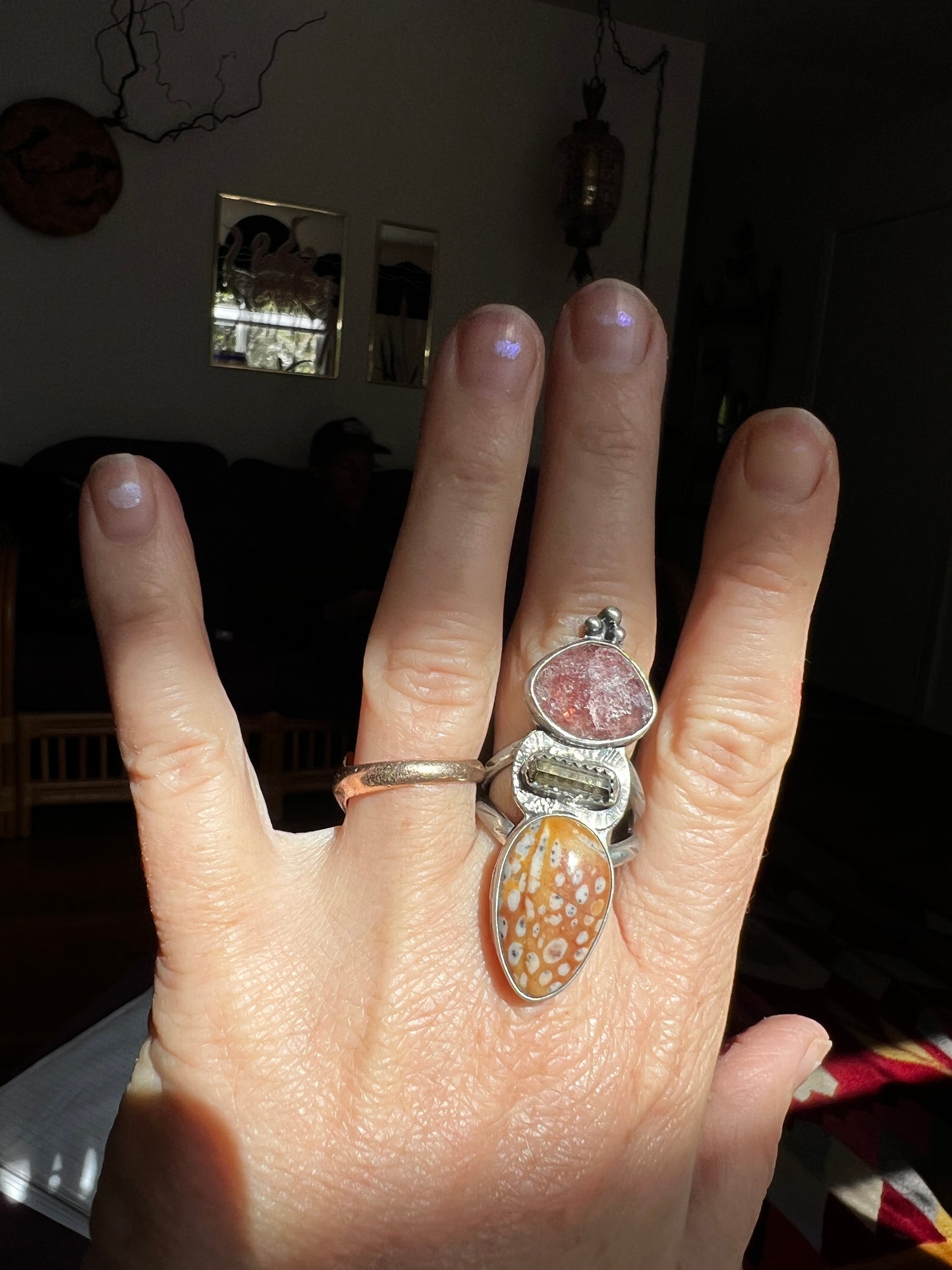 Strawberry Quartz, Tourmaline and Jasper Ring size 7.75