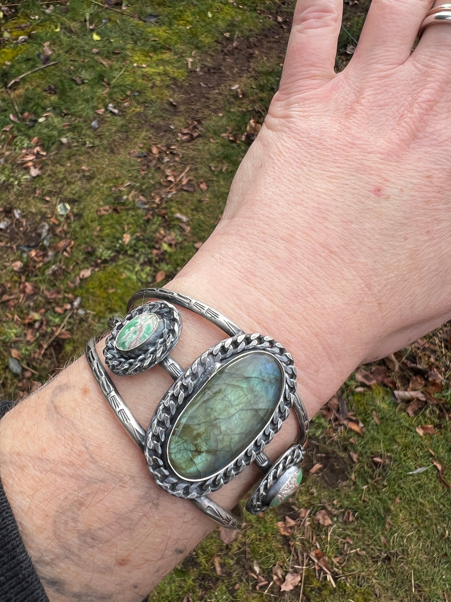 Labradorite and Variscite Chain Cuff Bracelet