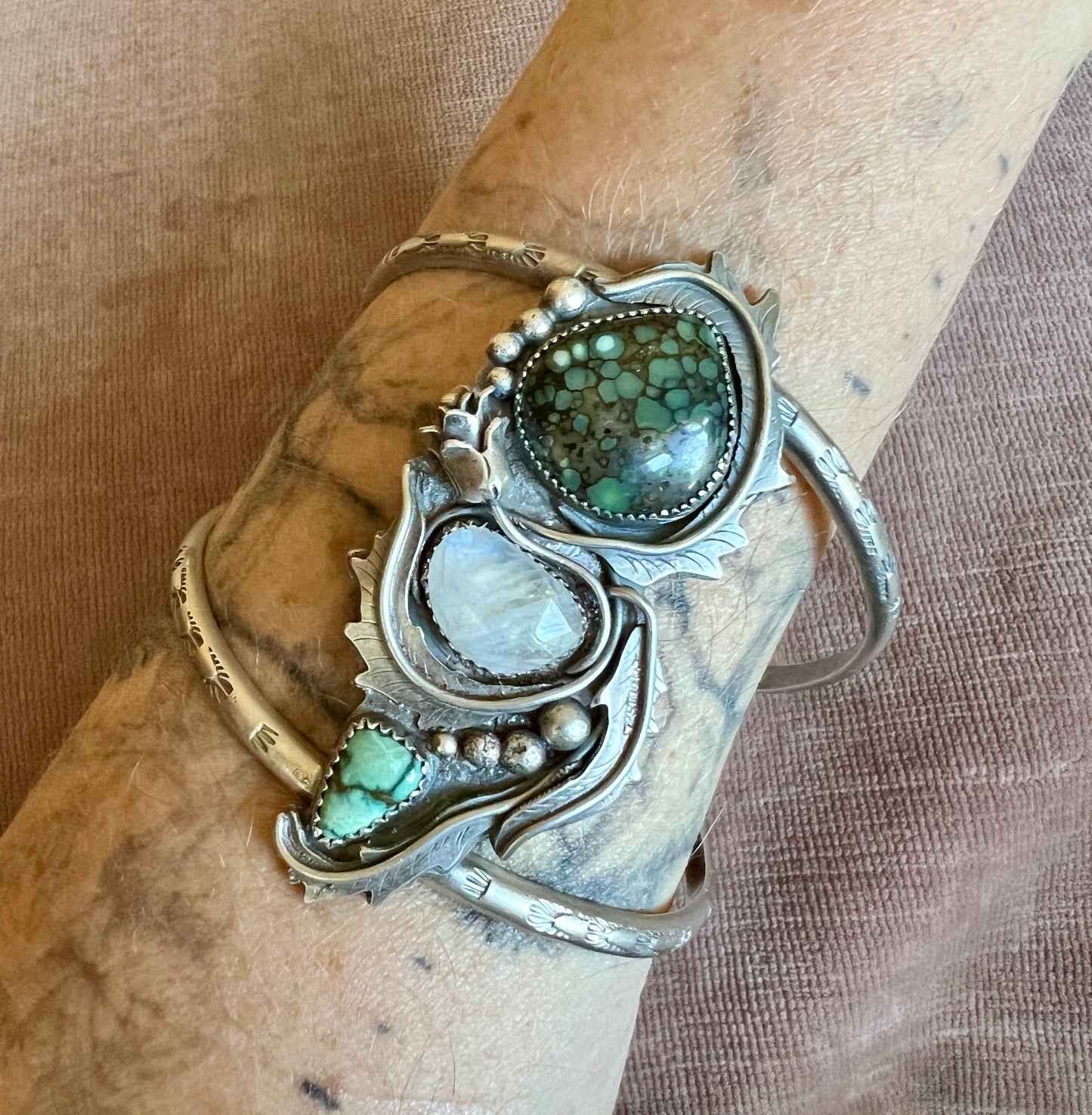 Custom Rose Parade cuff bracelet for Megan: Starfox and New Lander Variscite with Moonstone