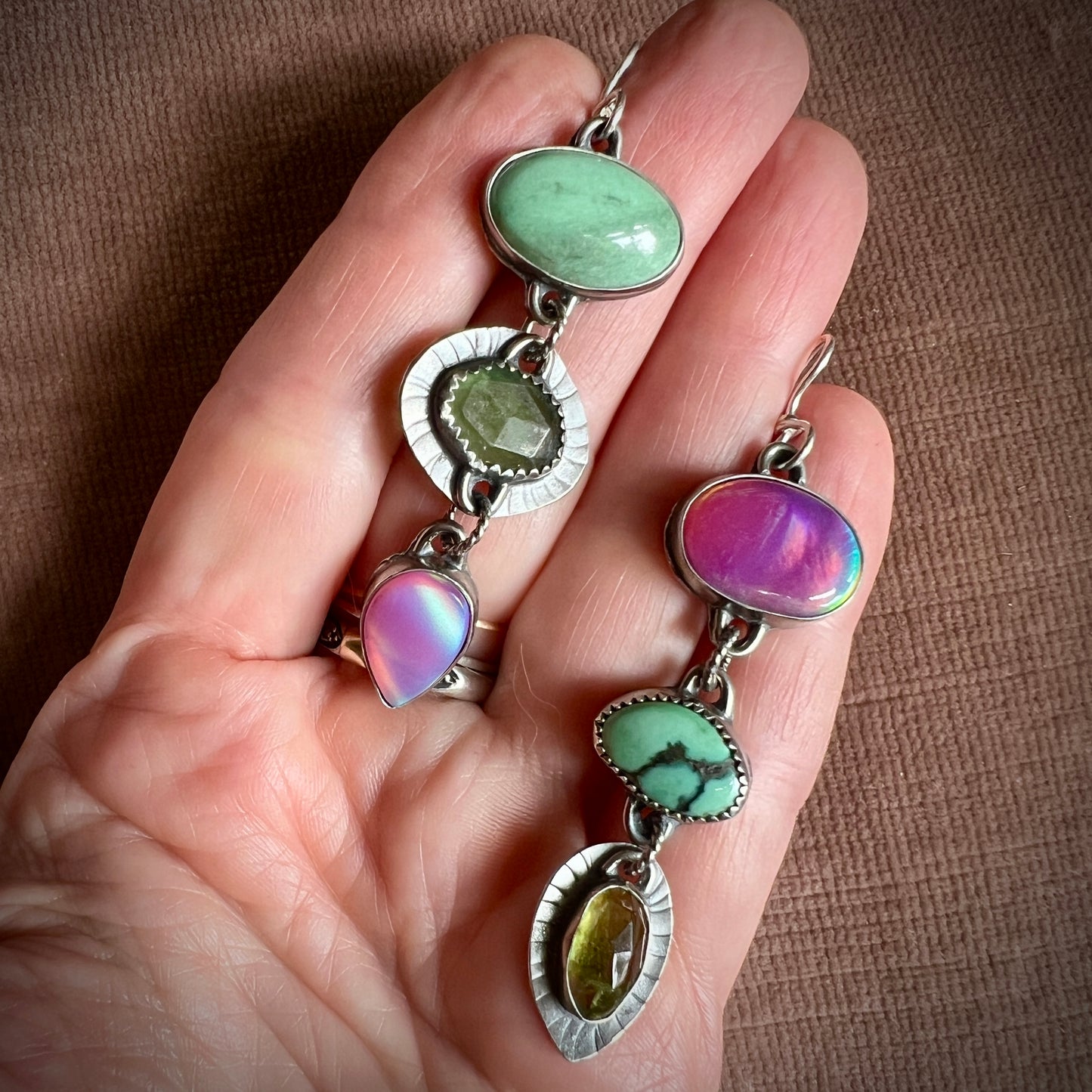 Lollipop Earrings of Turquoise, Serpentine, Aura Opal, Variscite and Peridot