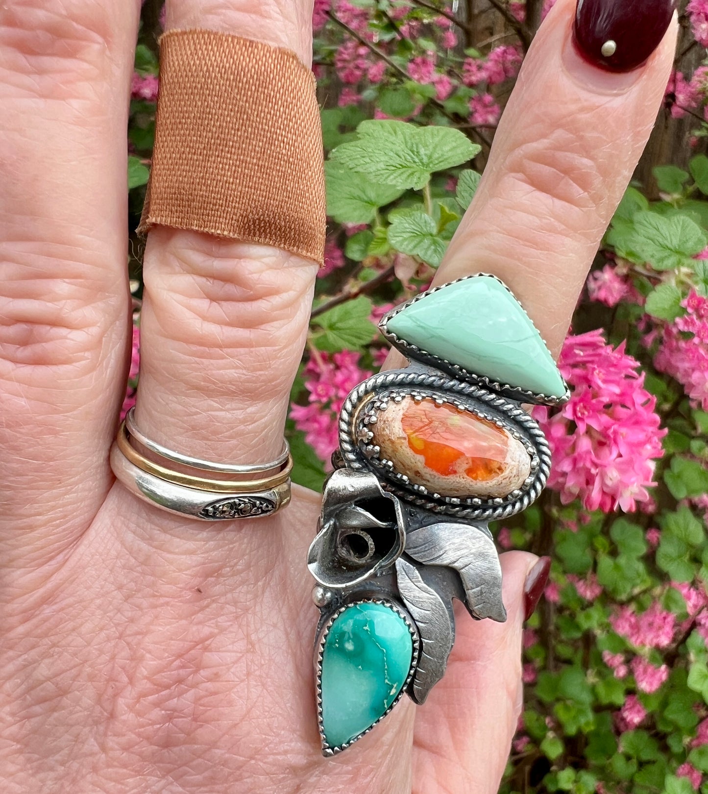 Broken Arrow Variscite, Mexican Fire Opal and Carico Lake Turquoise Rose Parade Ring size 6.5