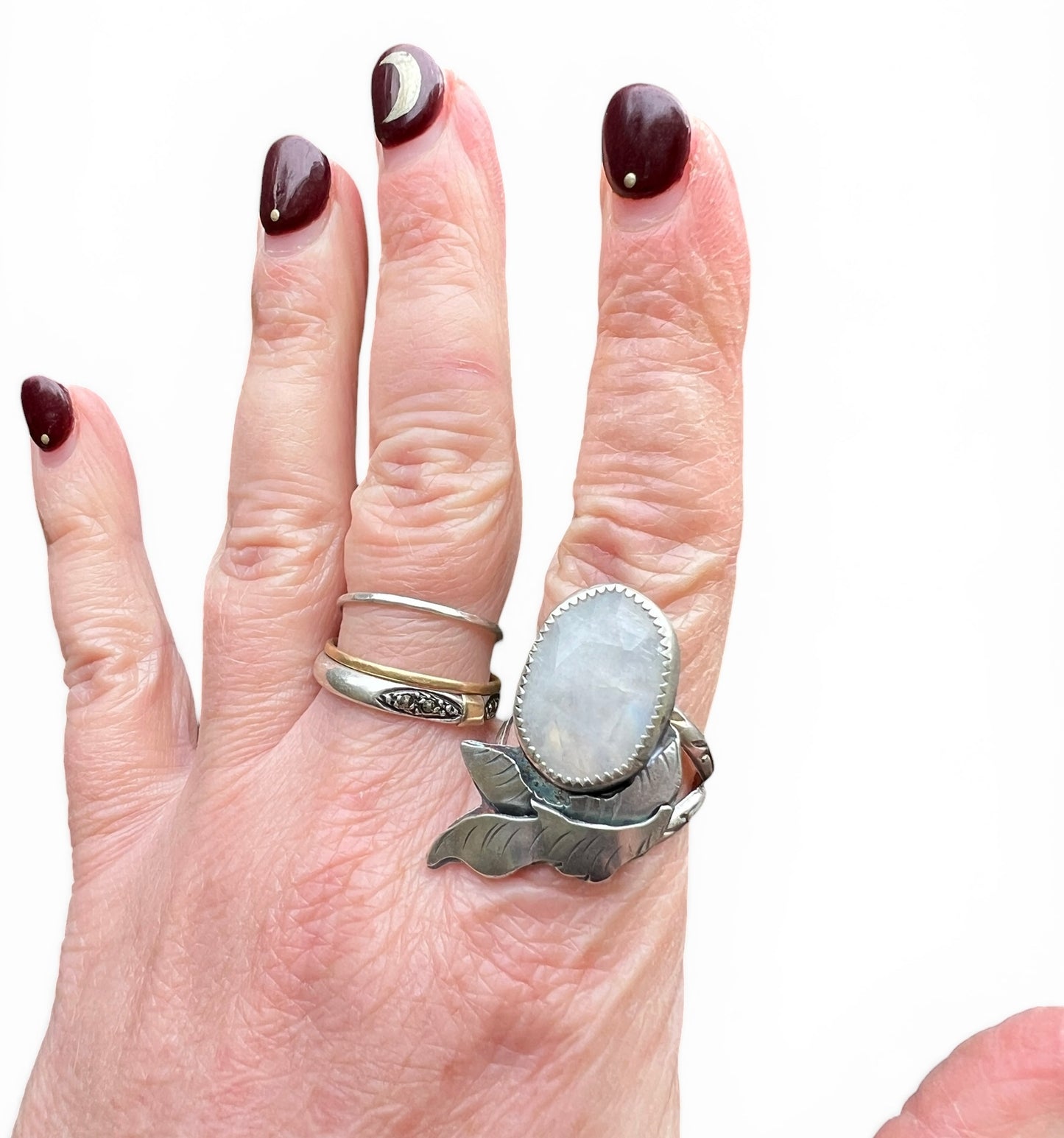 Moonstone with Leaves Ring size 8