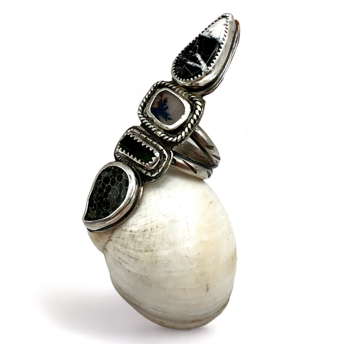 White Buffalo Turquoise, Dendritic Agate, Watermelon Tourmaline and Fossil Coral Quadruple Ring size 6.25