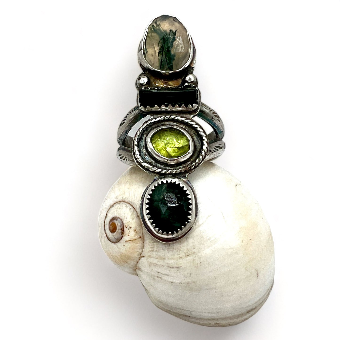 Emerald, Peridot, Watermelon Tourmaline and Mossy Quartz Quadruple Ring size 9