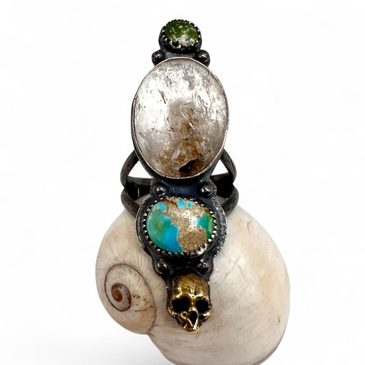 Herkimer Diamond and Double Turquoise Skull Ring size 9.5