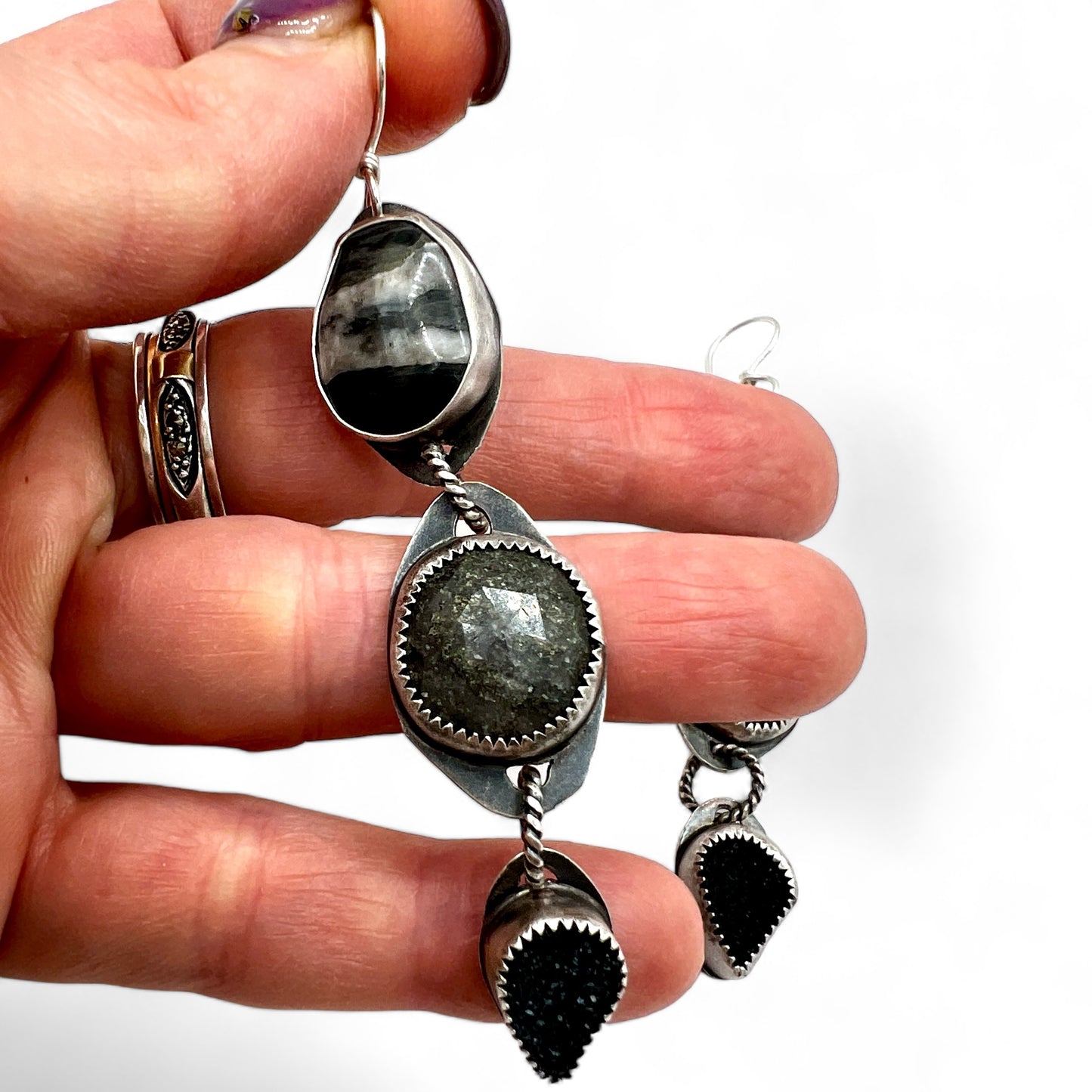 White Buffalo Turquoise, Midnight Quartz and Black Druzy Lollipop Earrings