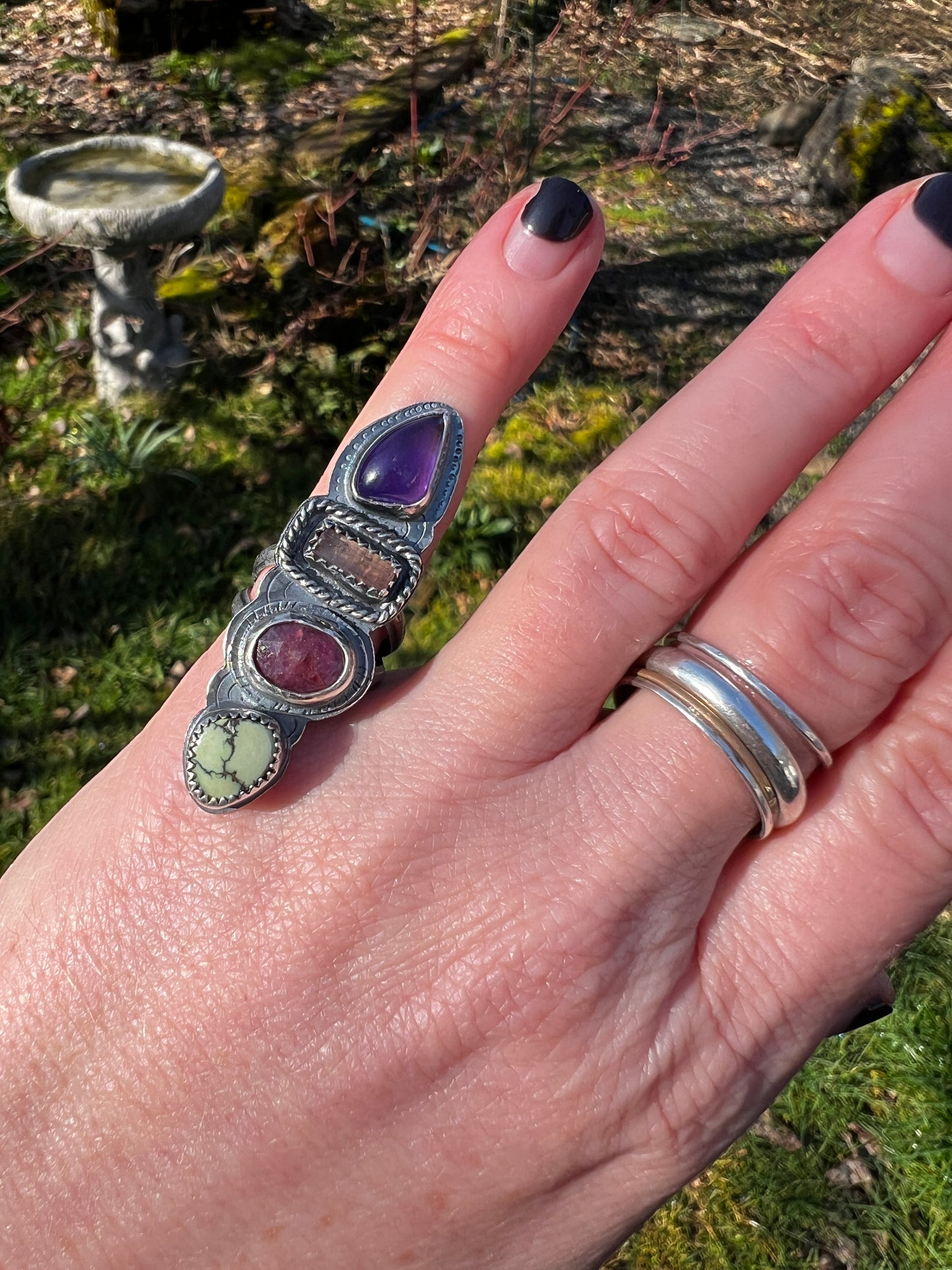 Amethyst, Watermelon Tourmaline, Ruby and Variscite Quadruple Ring size 4