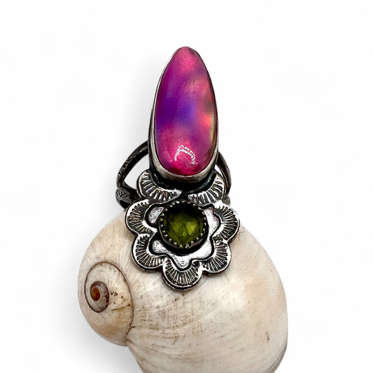 Aura Opal and Peridot Ring size 8.5