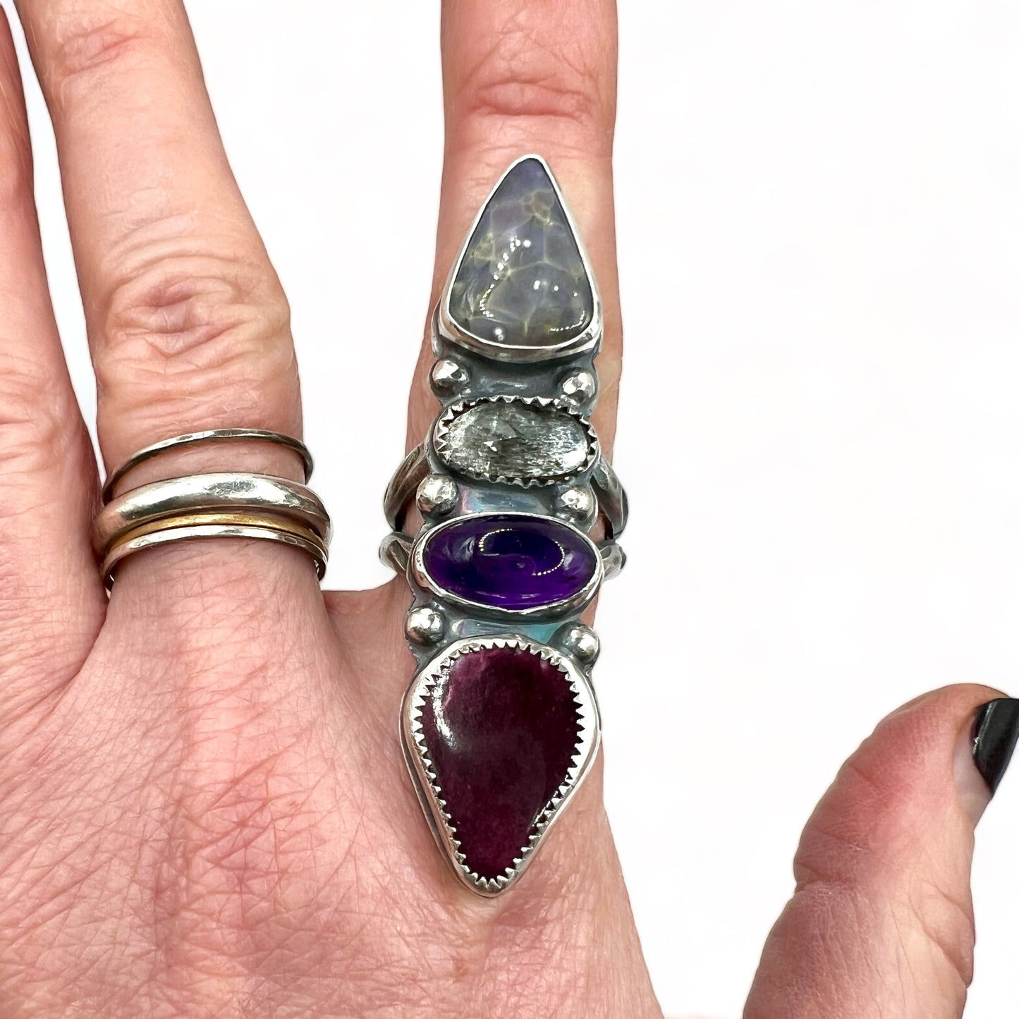 Chalcedony, Aquamarine, Amethyst and Alunite Four Stones Ring size 7.5