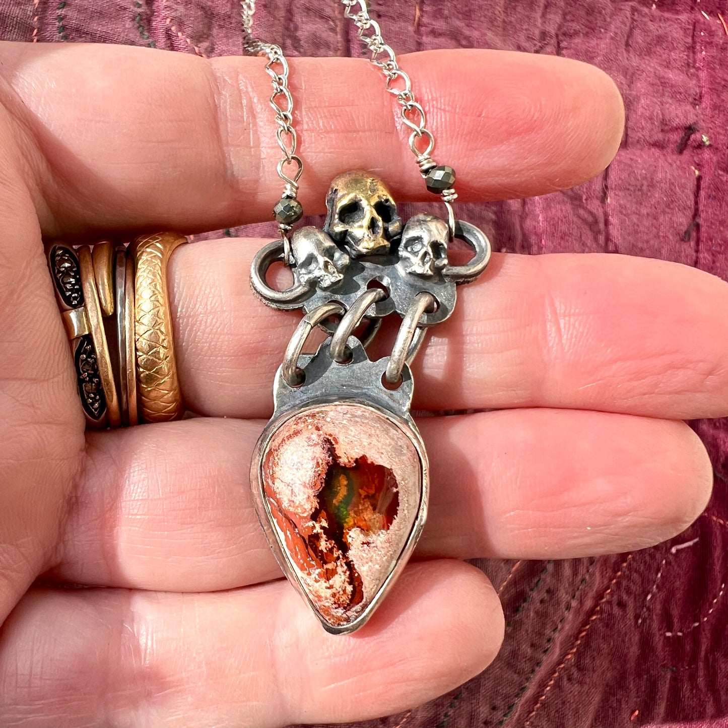 3 Skull Mexican Fire Opal Necklace