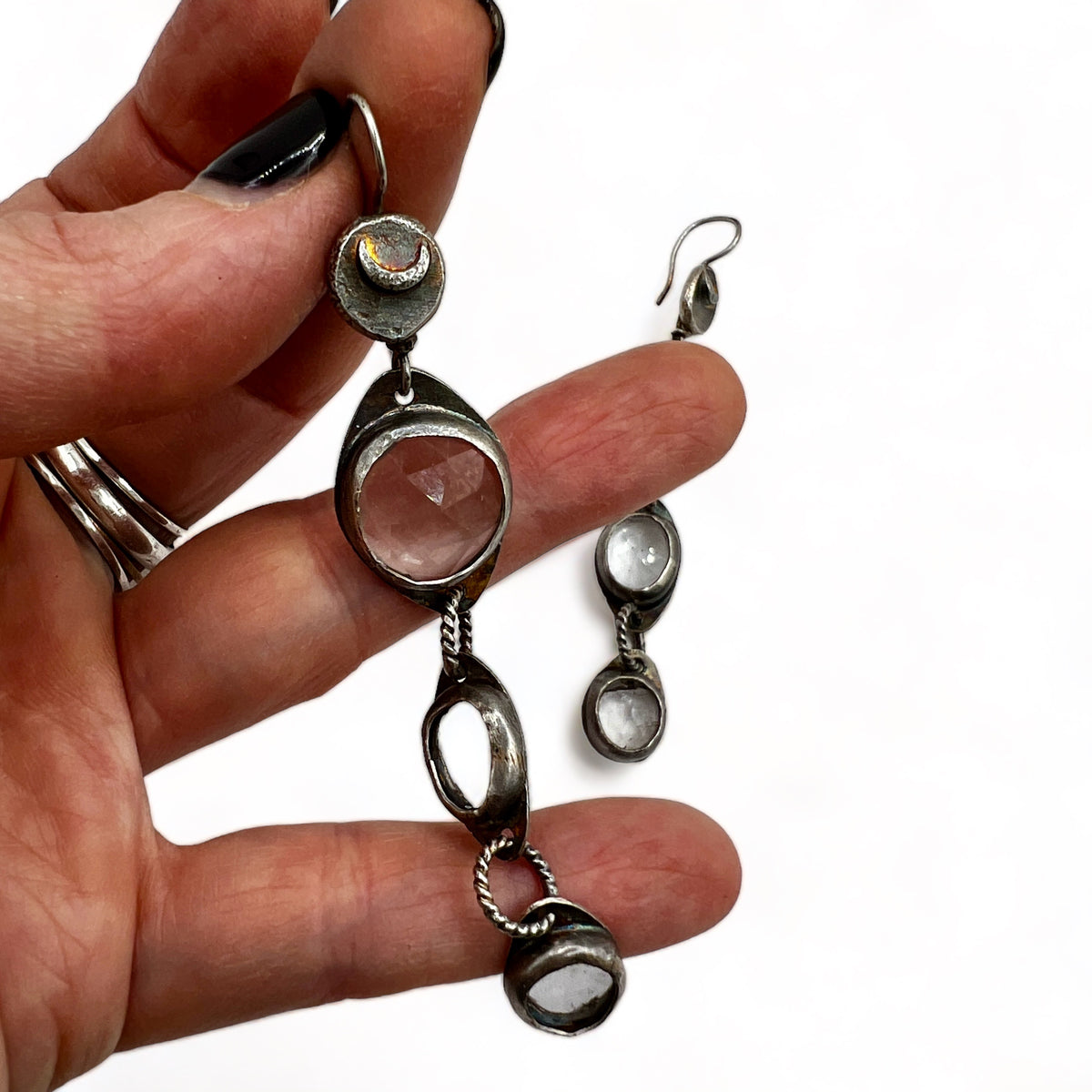 Triple Crystal Quartz Moon Earrings
