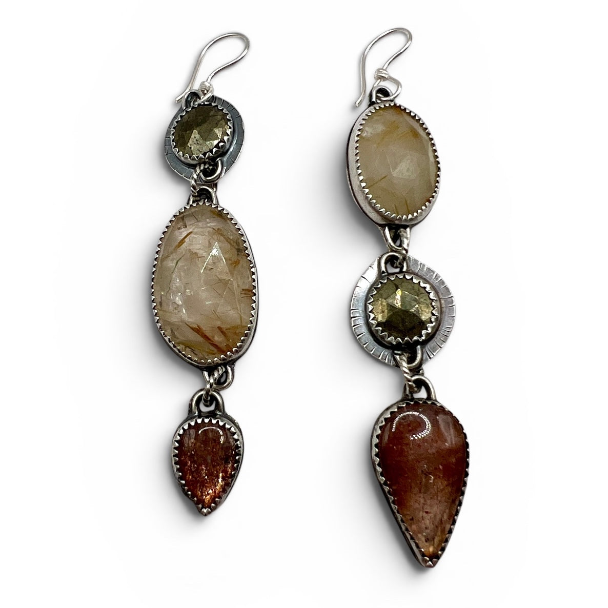 Gold Rutile Quartz, Pyrite and Sunstone Lollipop Earrings