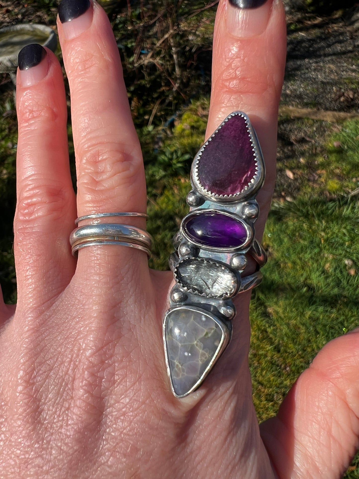 Chalcedony, Aquamarine, Amethyst and Alunite Four Stones Ring size 7.5