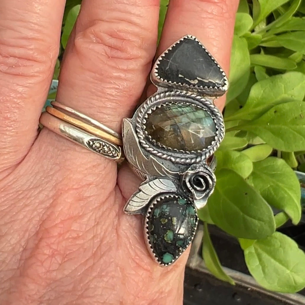 White Buffalo Turquoise, Labradorite and Emerald Rose Variscite Rose Parade Ring size 8