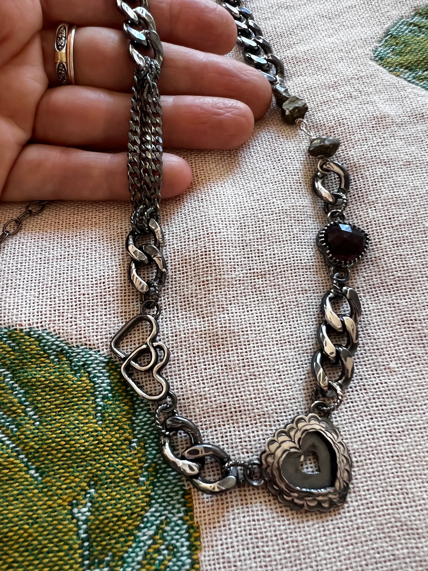 Garnet Sweetheart Necklace With Interlacing Hearts and Pyrite