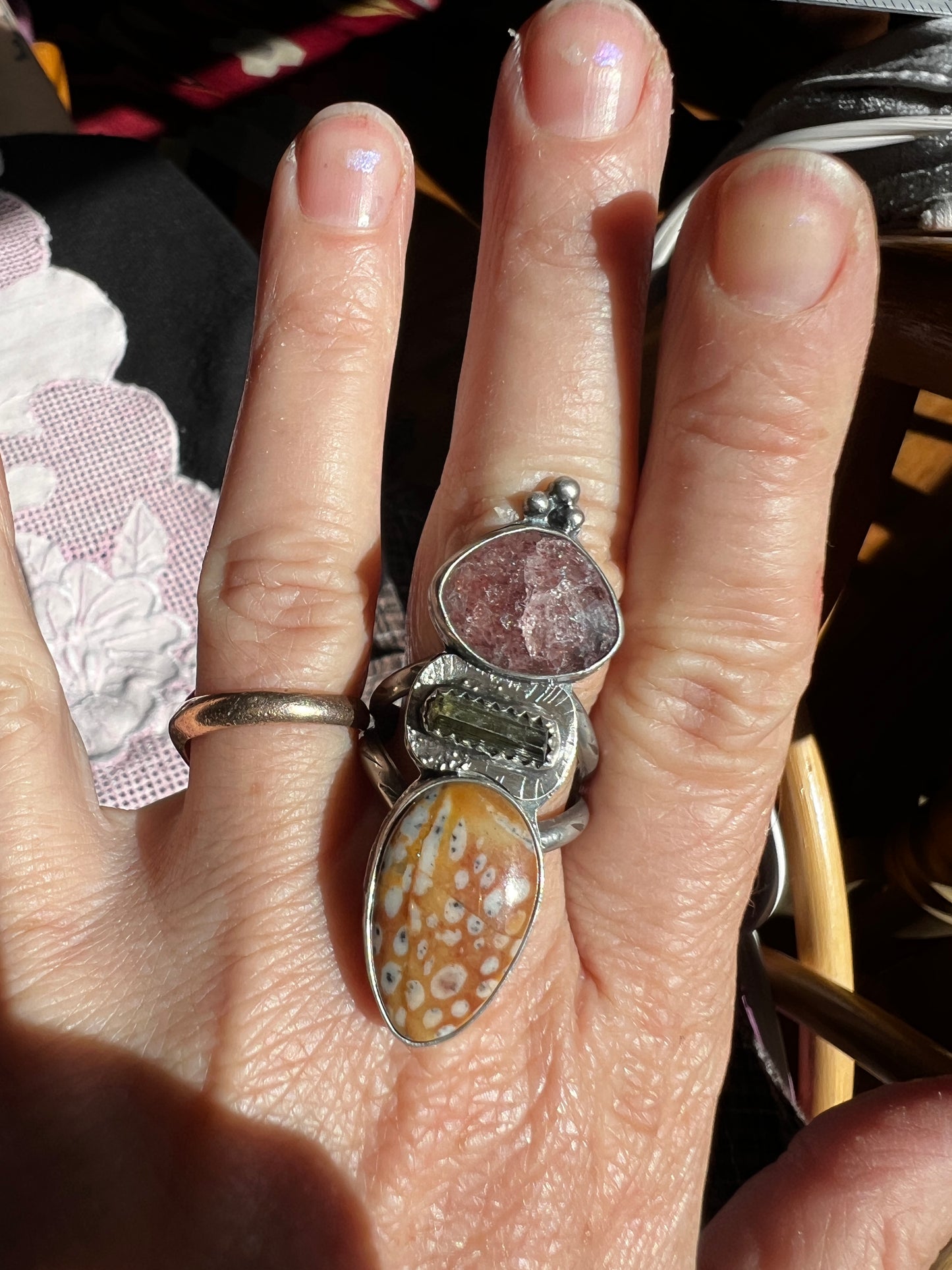 Strawberry Quartz, Tourmaline and Jasper Ring size 7.75