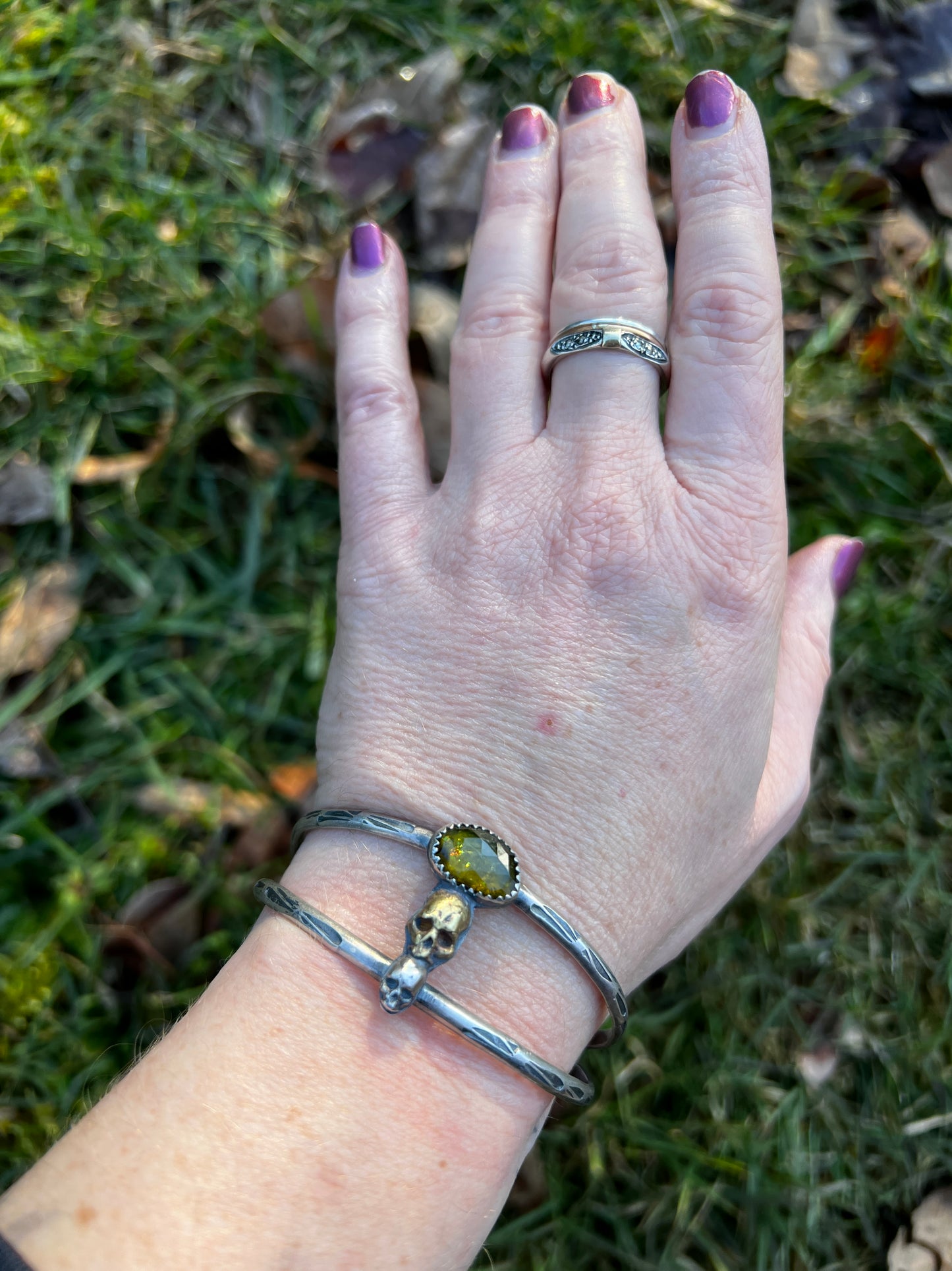 Green Watermelon Tourmaline Double Skull Cuff Bracelet