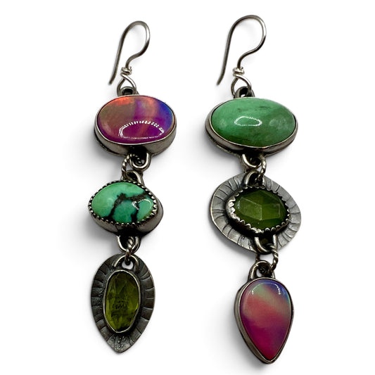Lollipop Earrings of Turquoise, Serpentine, Aura Opal, Variscite and Peridot