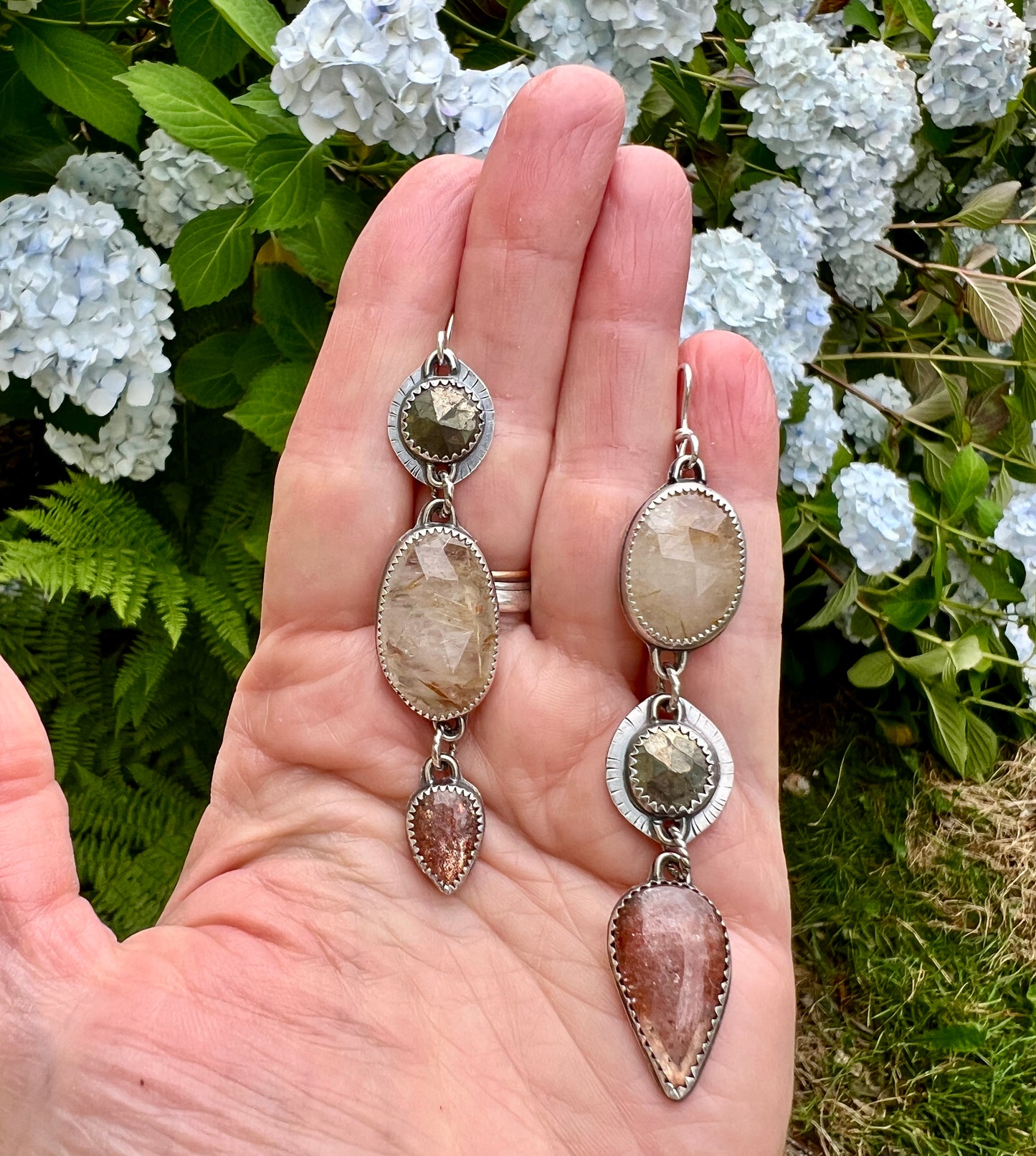 Gold Rutile Quartz, Pyrite and Sunstone Lollipop Earrings
