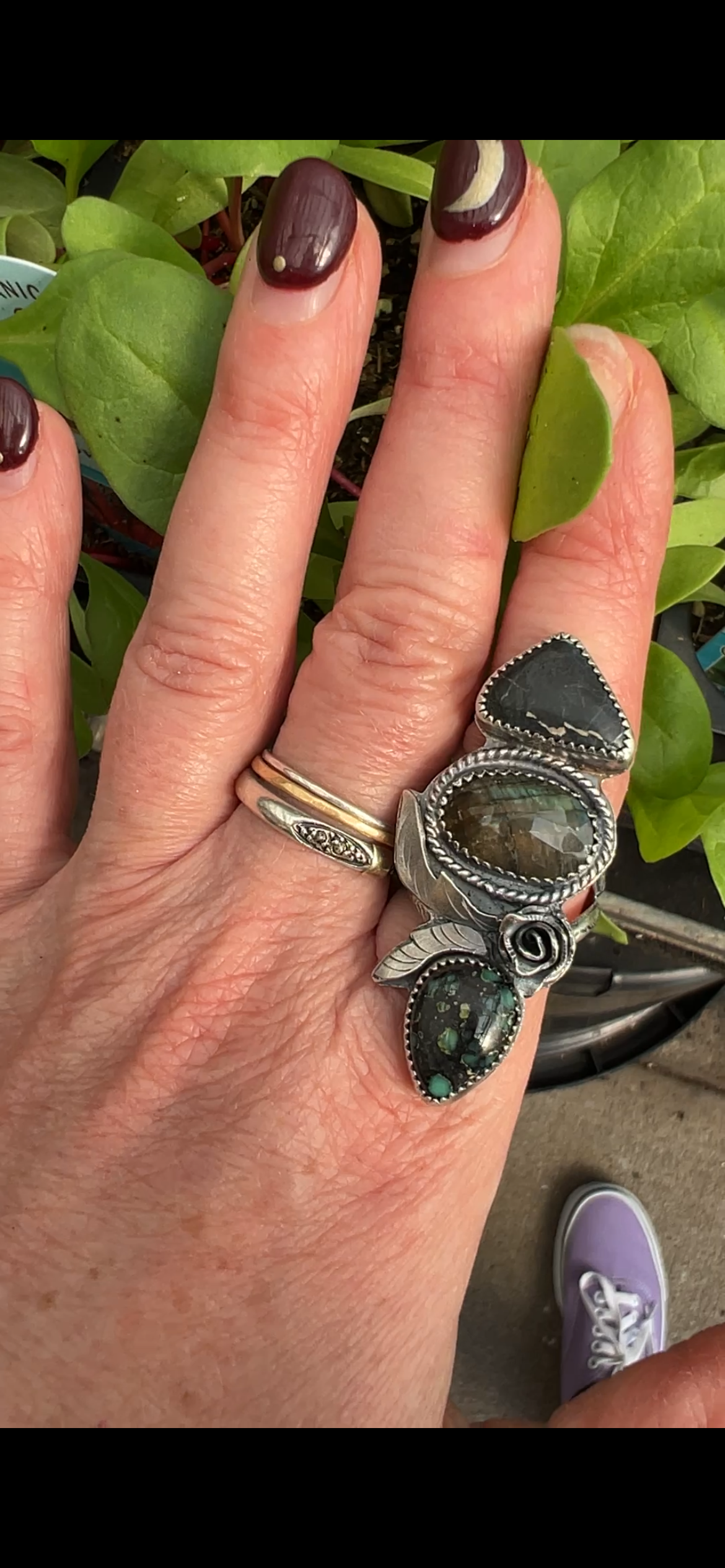 White Buffalo Turquoise, Labradorite and Emerald Rose Variscite Rose Parade Ring size 8