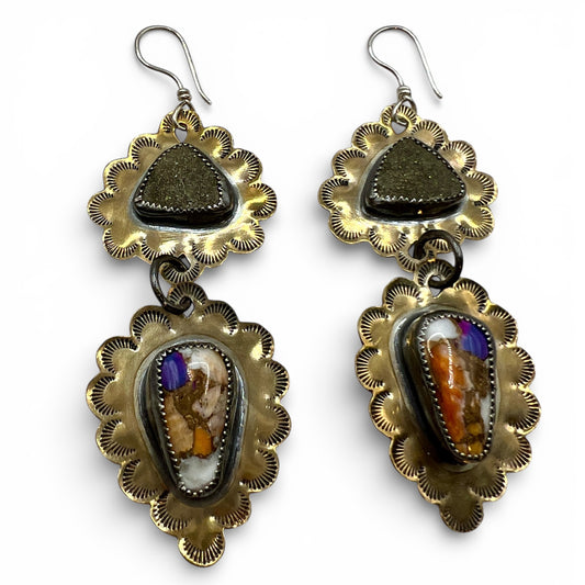 Ruffle Earrings with Pyrite and Spiny Oyster Mojave Turquoise