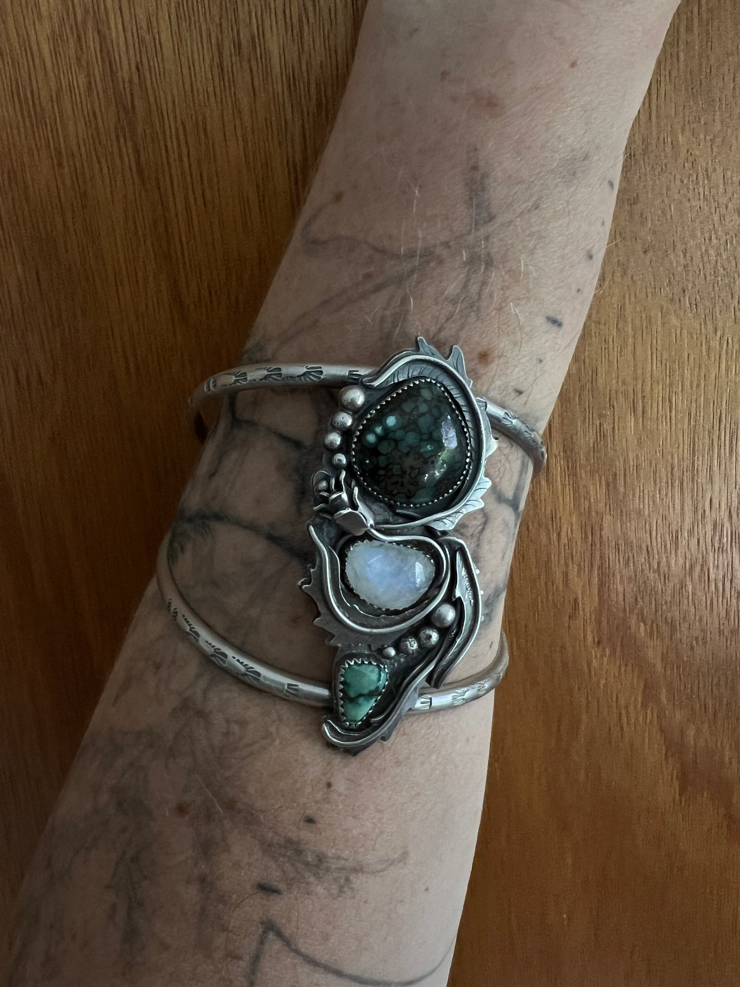 Custom Rose Parade cuff bracelet for Megan: Starfox and New Lander Variscite with Moonstone