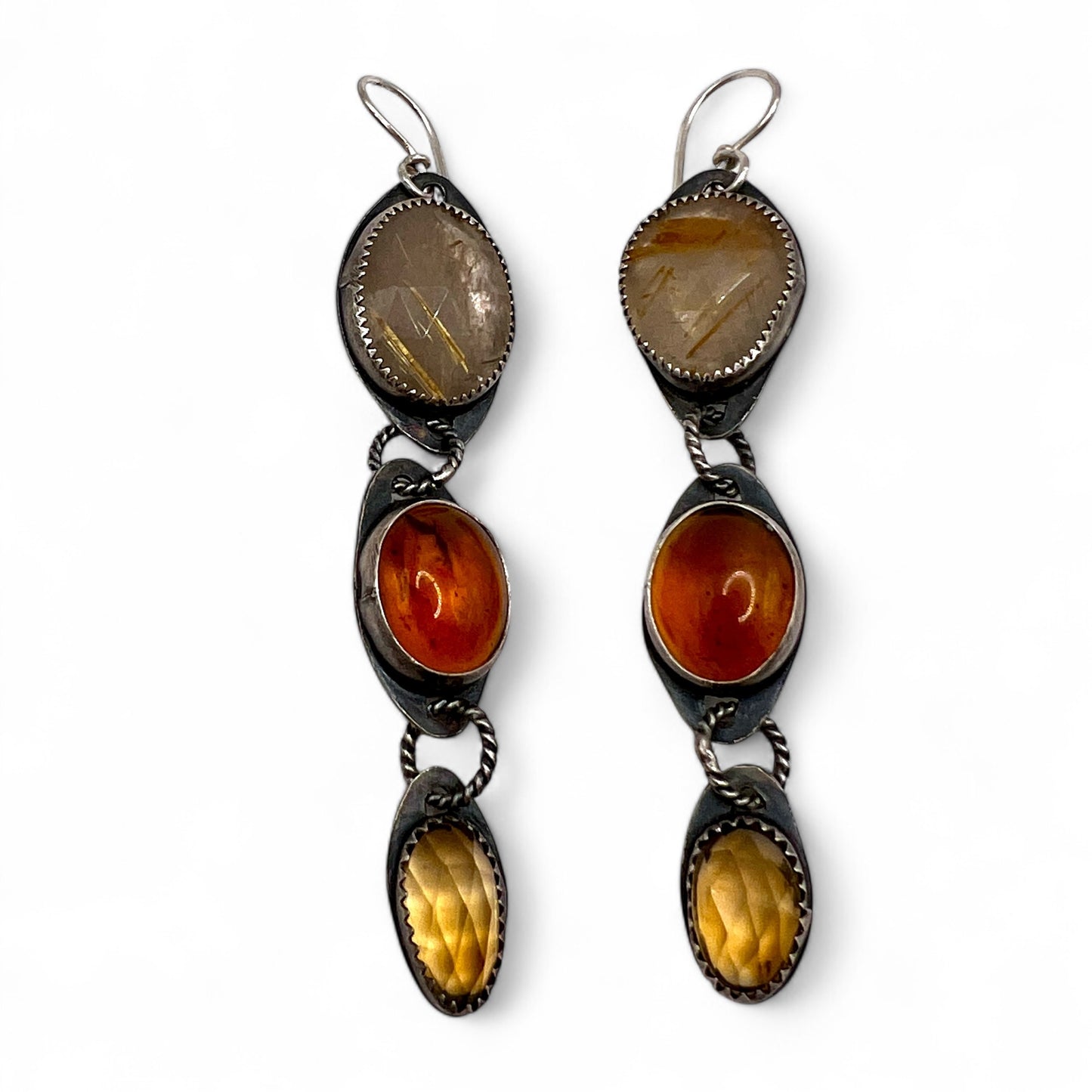 Gold Rutilated Quartz, Baltic Amber and Citrine Lollipop Earrings