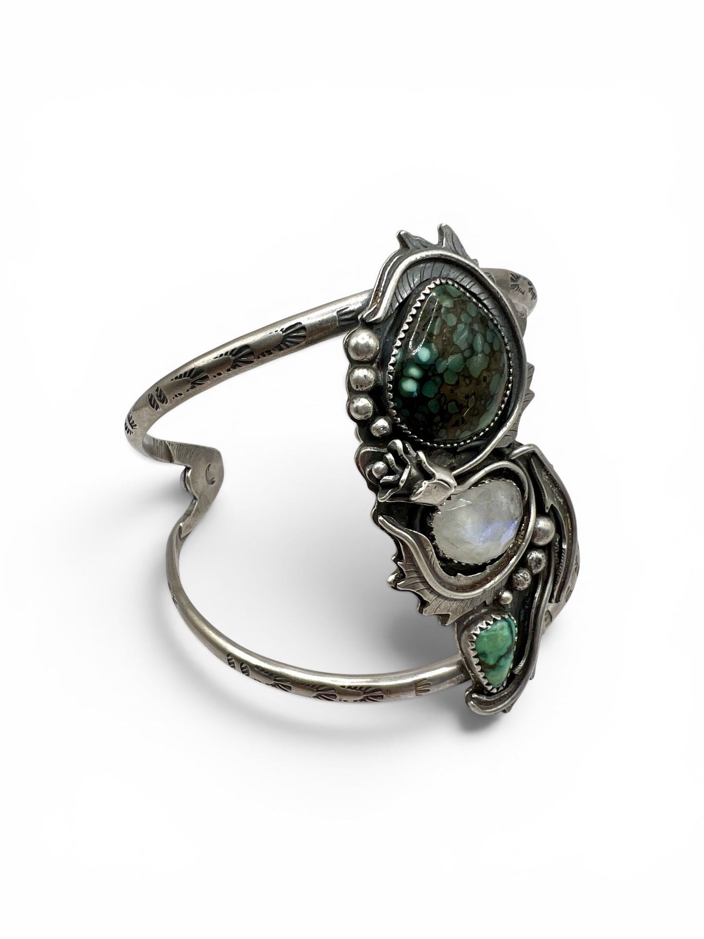Custom Rose Parade cuff bracelet for Megan: Starfox and New Lander Variscite with Moonstone