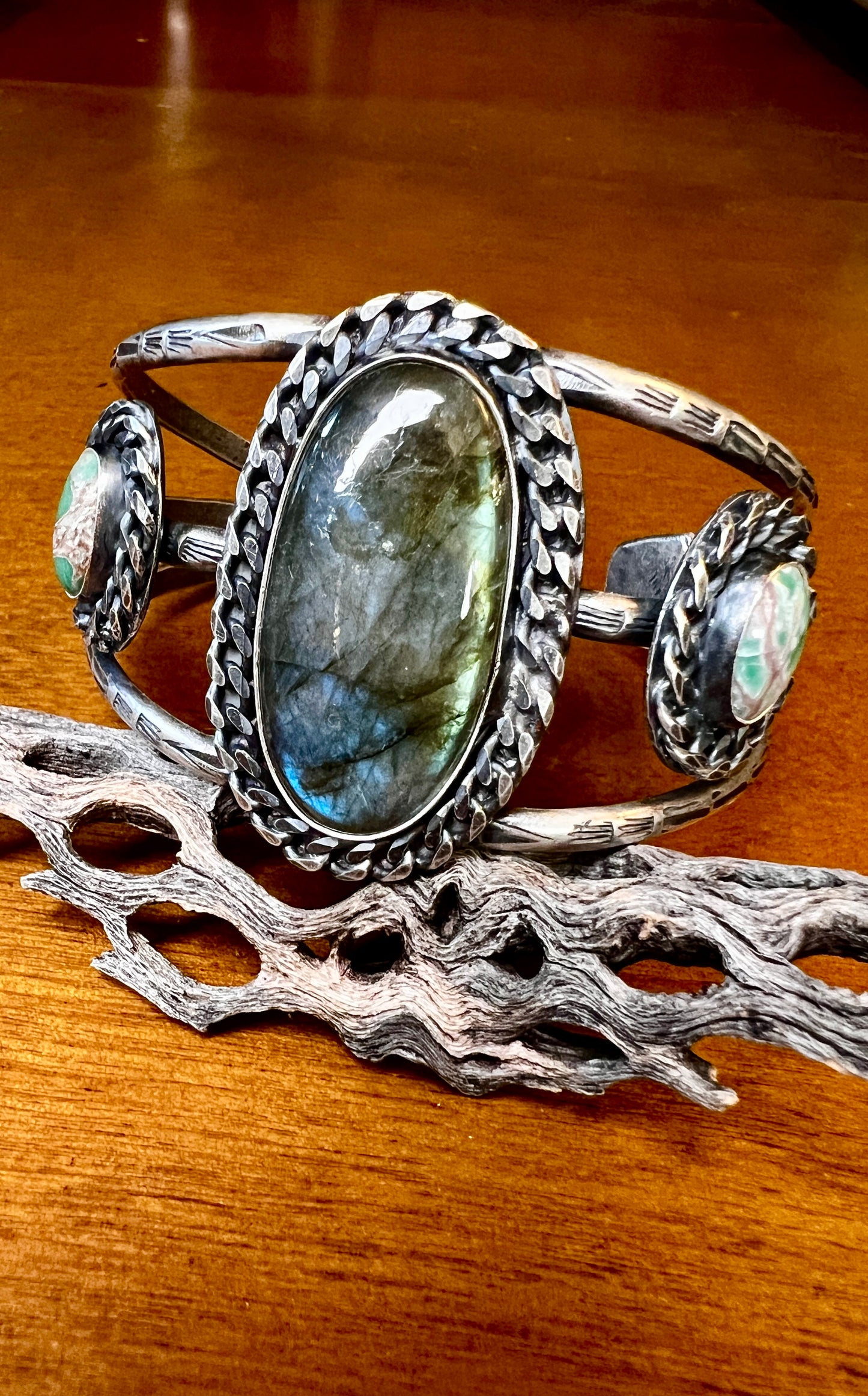 Labradorite and Variscite Chain Cuff Bracelet