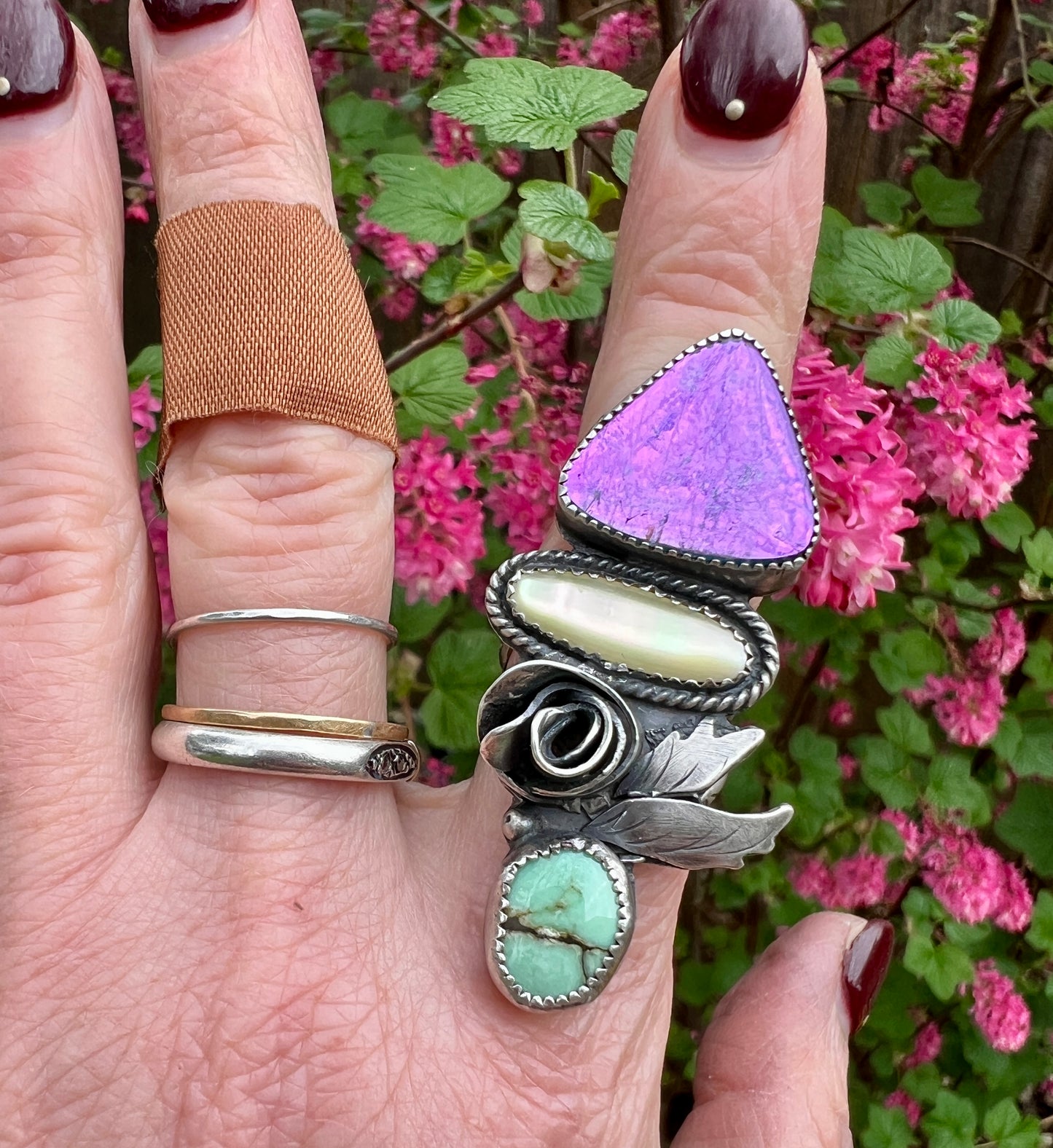 Rutilated Quartz Doublet, Mother-of-Pearl and Desert Bloom Variscite Rose Parade Ring size 5.5