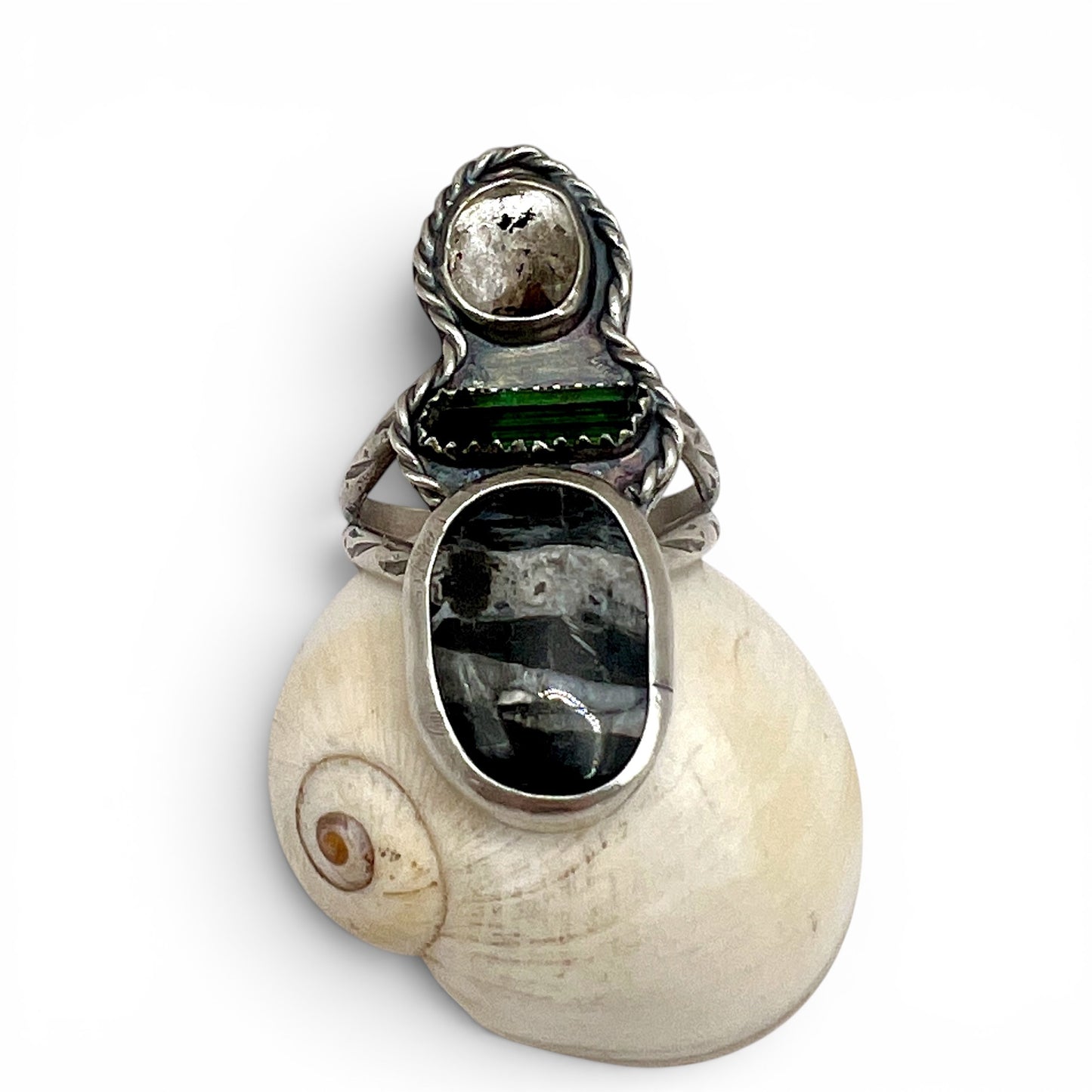 White Buffalo Turquoise, Watermelon Tourmaline and Herkimer Diamond Ring size 11