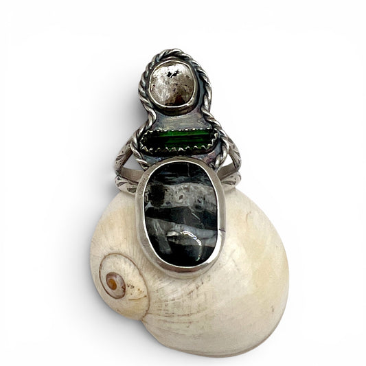 White Buffalo Turquoise, Watermelon Tourmaline and Herkimer Diamond Ring size 11