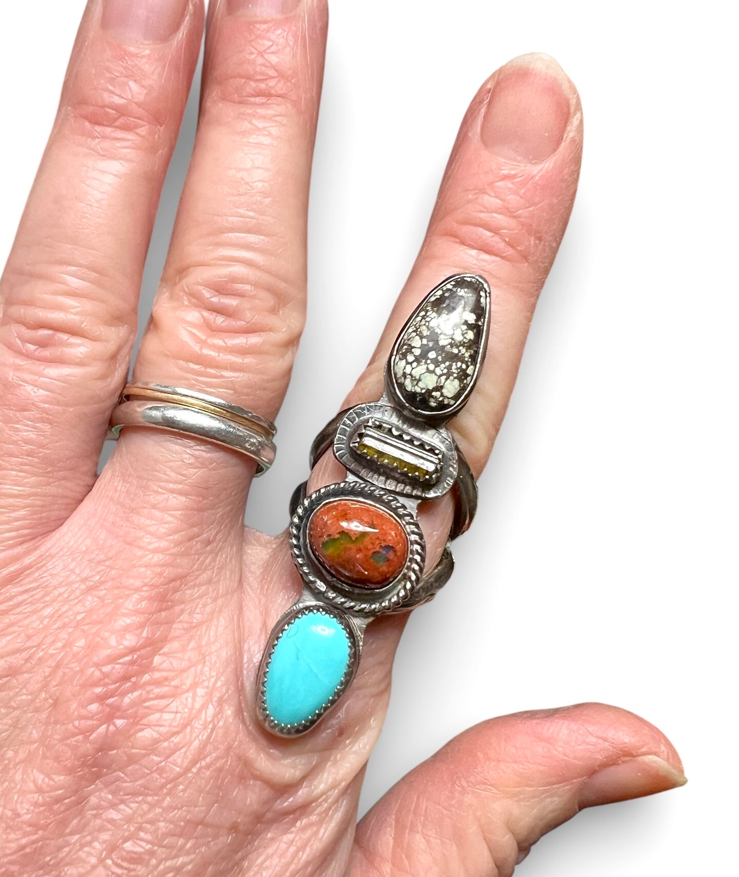 Poseidon Variscite, Watermelon Tourmaline, Mexican Fire Opal and Blue Bandit Turquoise 4 Stone Ring size 5.5