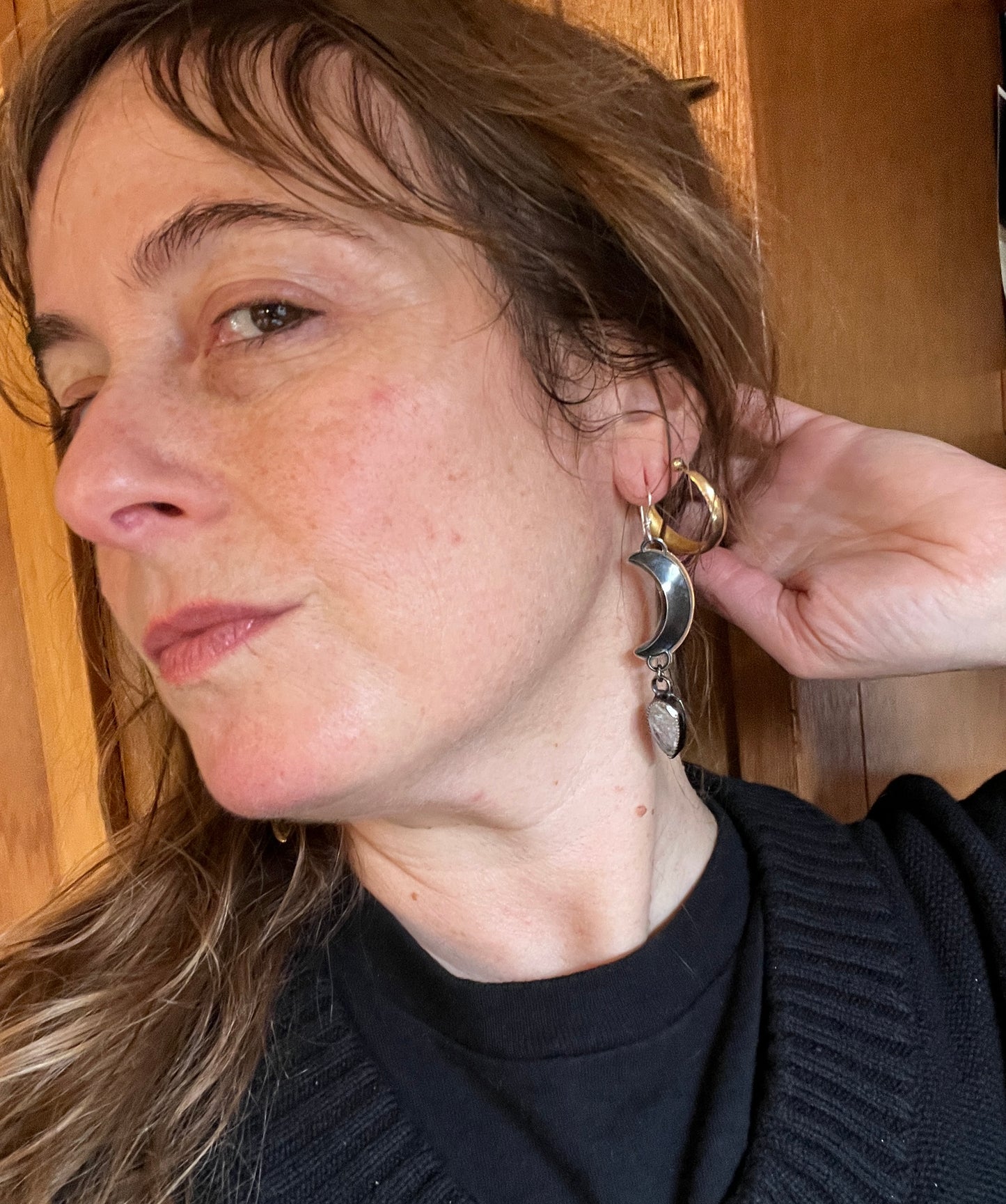 Herkimer Mixed Metal Crescent Moon Earrings