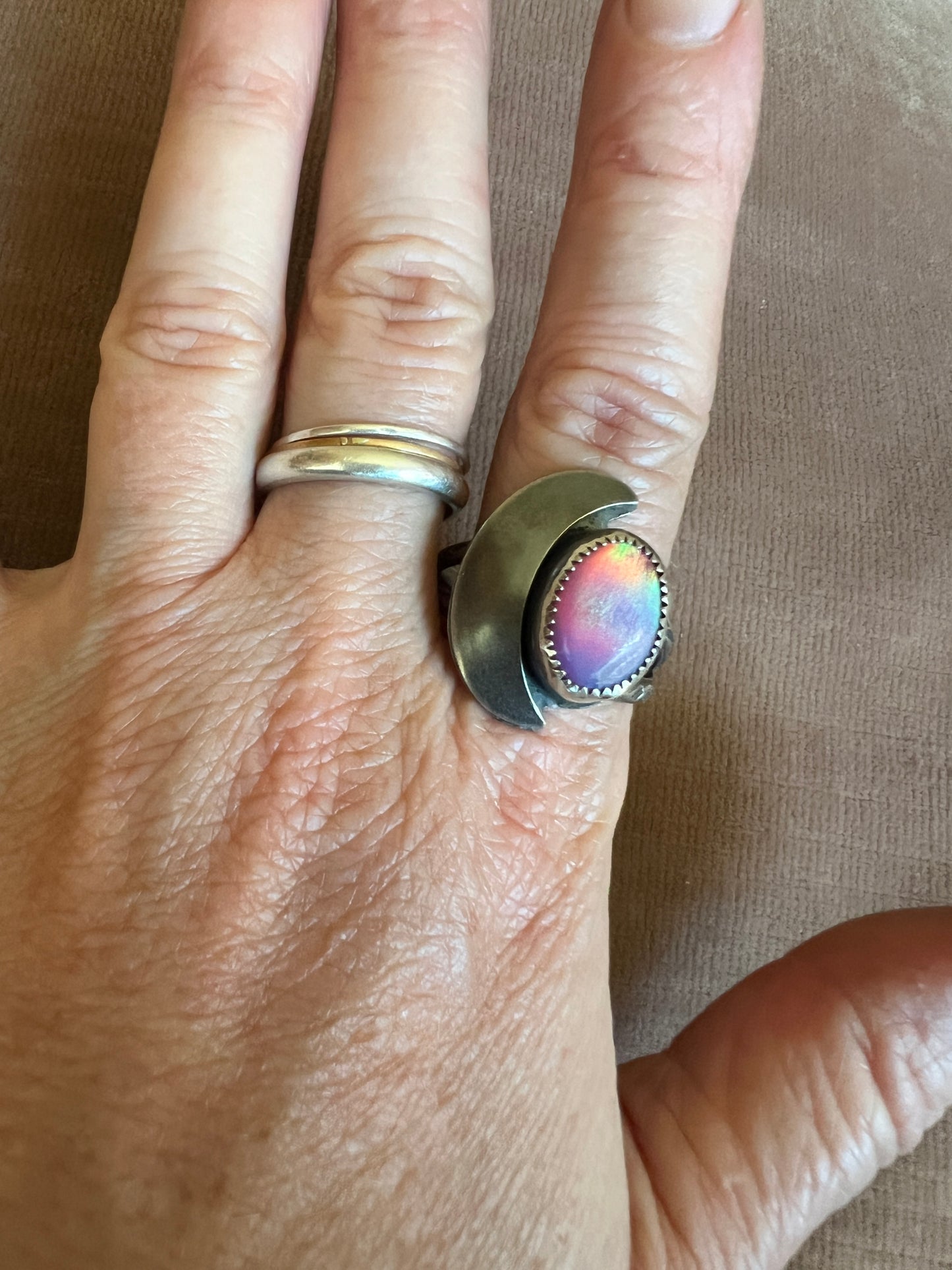 Aura Opal Crescent Moon Ring size 12.5