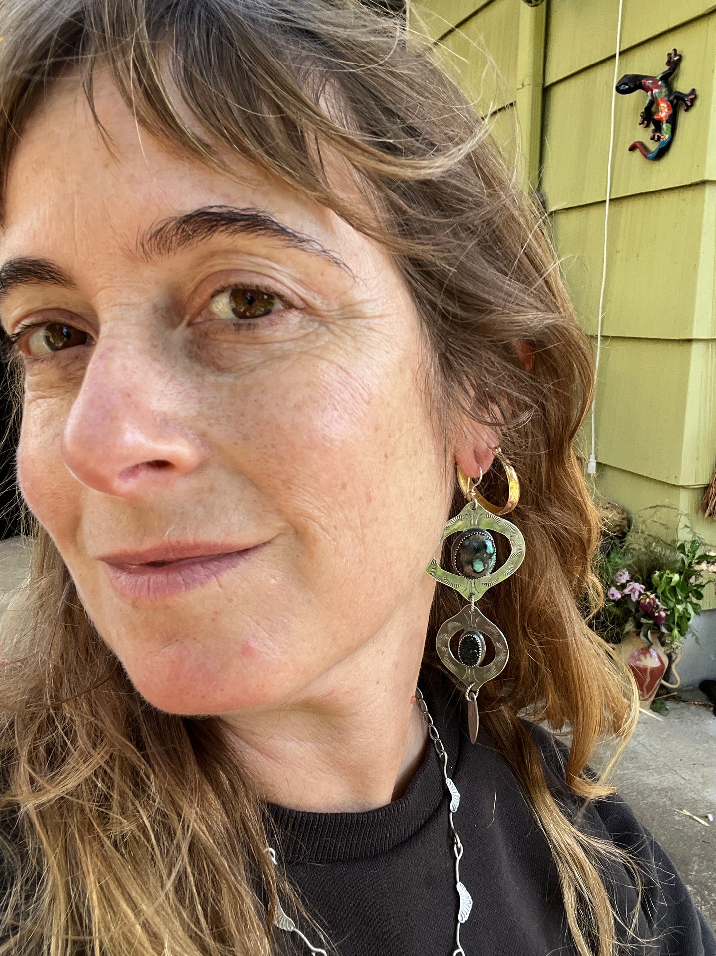 Emerald Rose Variscite and Black Druzy Bombay Beach Earrings
