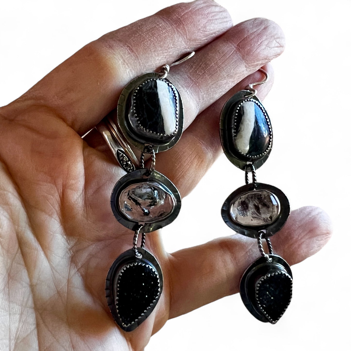 White Buffalo Turquoise, Herkimer Diamond and Black Druzy Lollipop Earrings