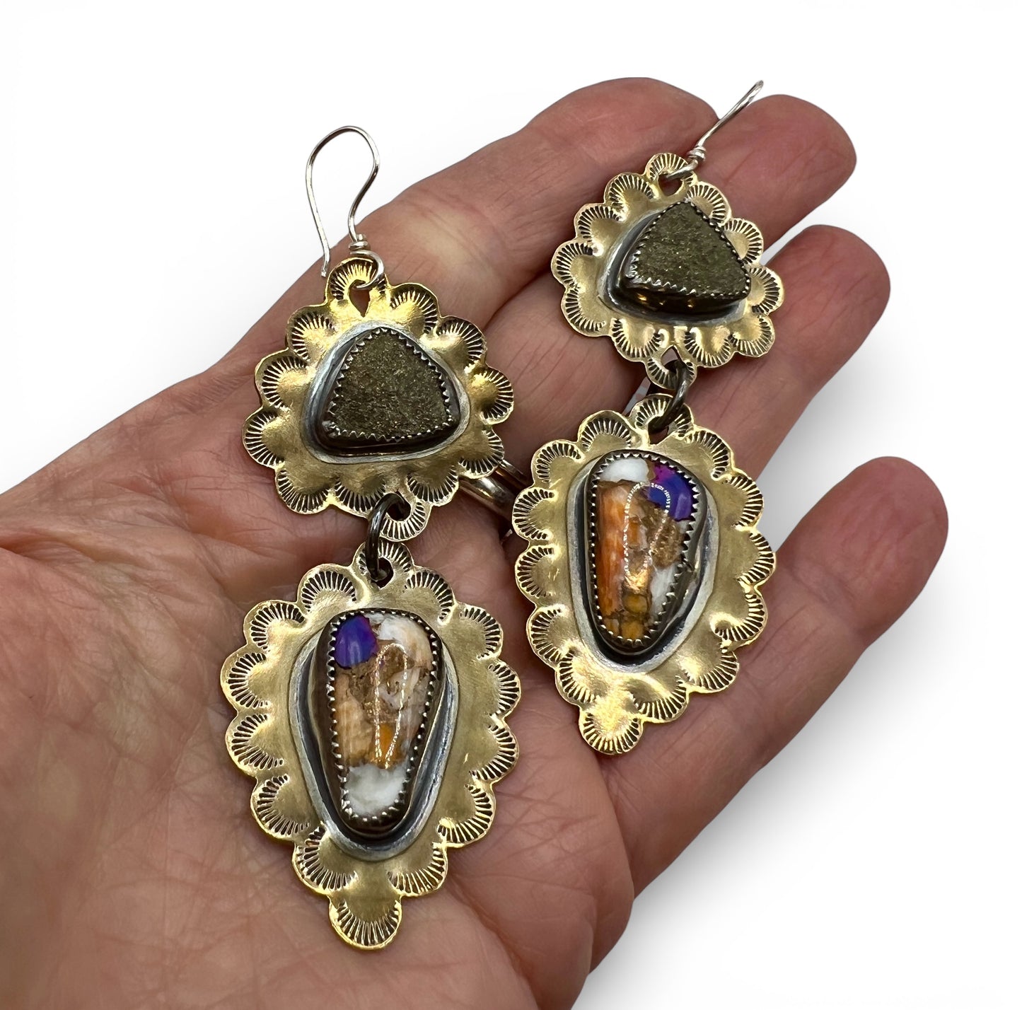 Ruffle Earrings with Pyrite and Spiny Oyster Mojave Turquoise