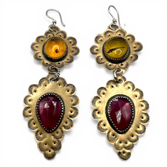 Amber and Garnet Ruffle Earrings