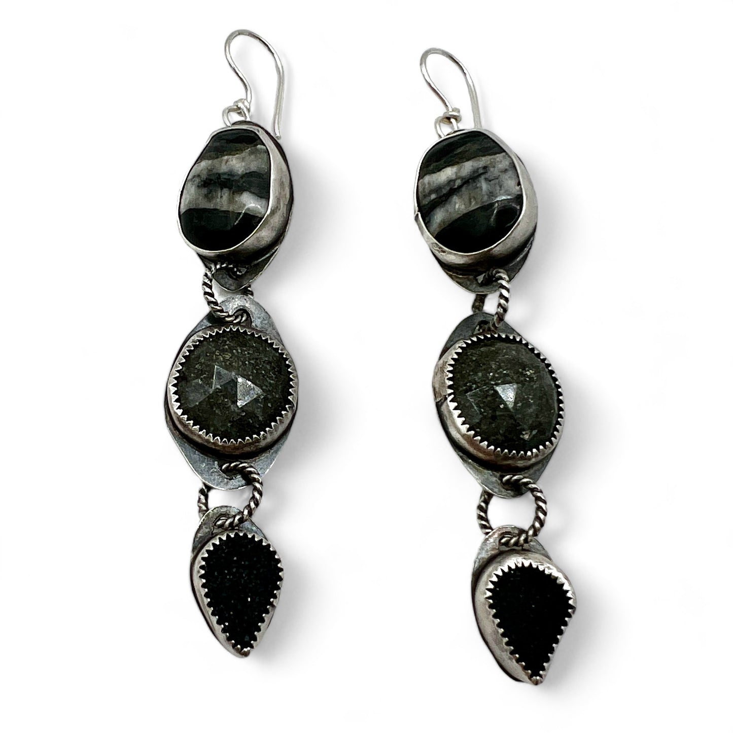 White Buffalo Turquoise, Midnight Quartz and Black Druzy Lollipop Earrings