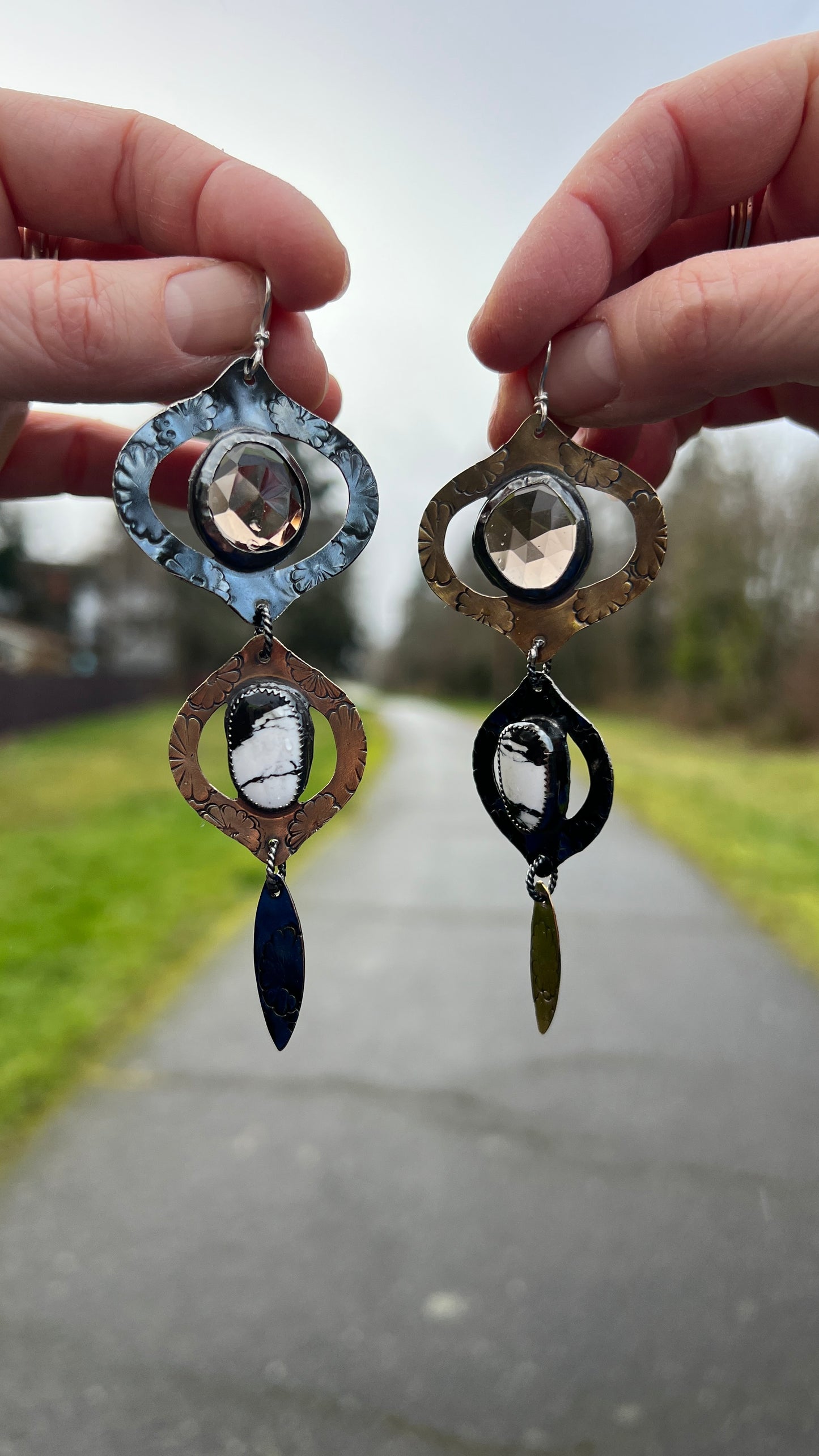 Smoky Quartz and White Buffalo Turquoise Mixed Metal Bombay Beach Earrings
