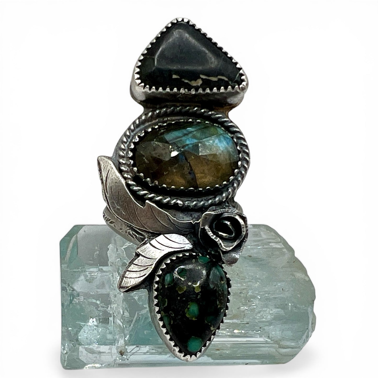 White Buffalo Turquoise, Labradorite and Emerald Rose Variscite Rose Parade Ring size 8
