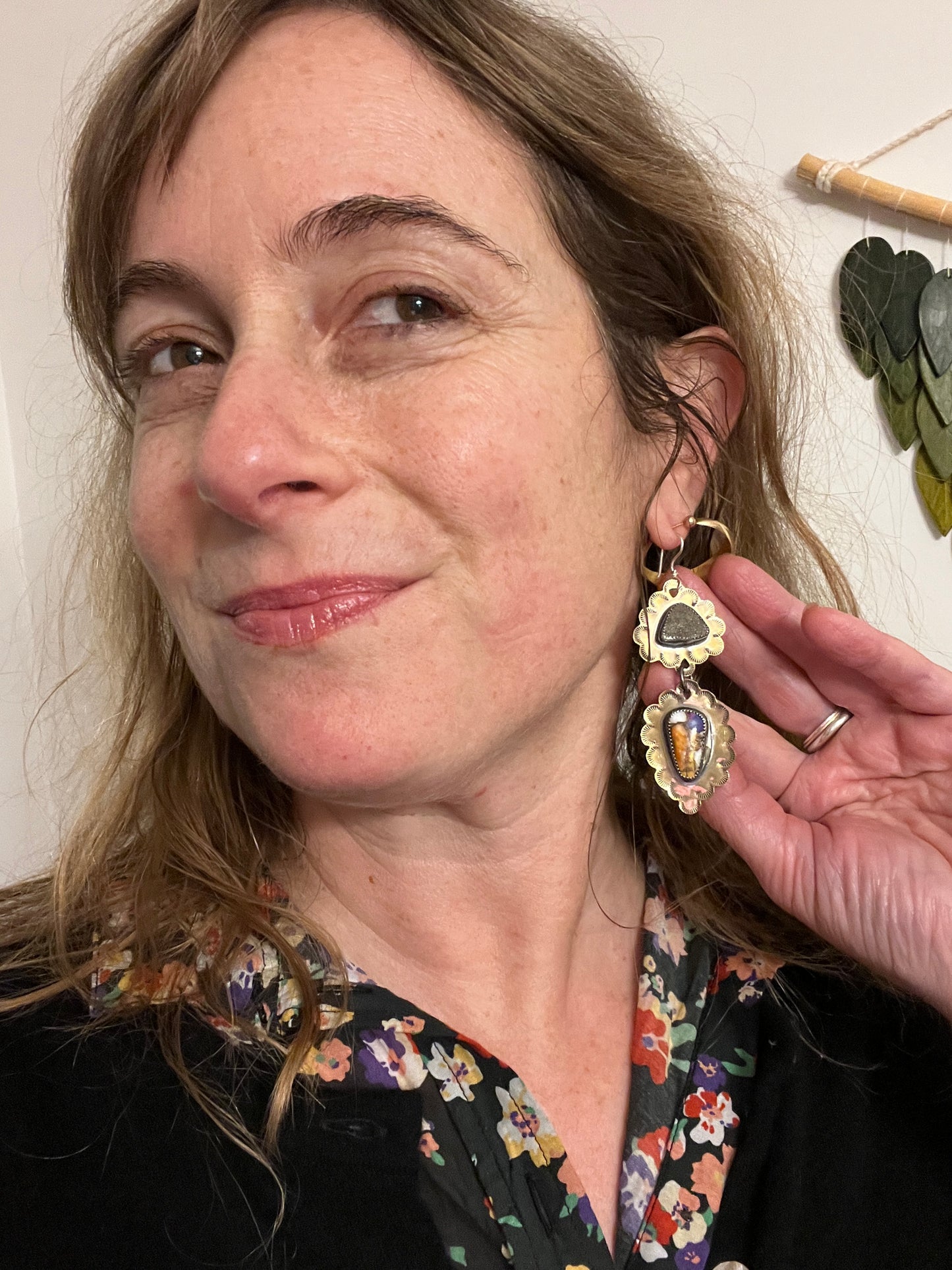 Ruffle Earrings with Pyrite and Spiny Oyster Mojave Turquoise