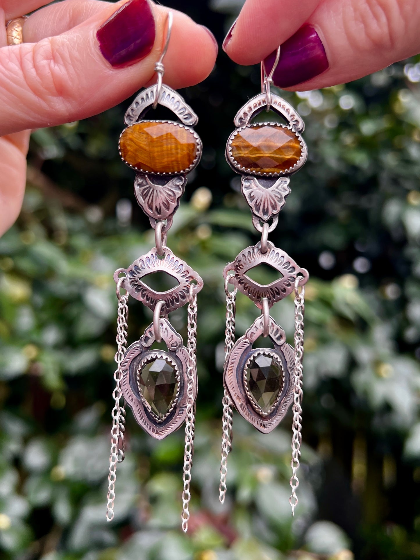 Tigers Eye and Smoky Quartz Dangle Earrings