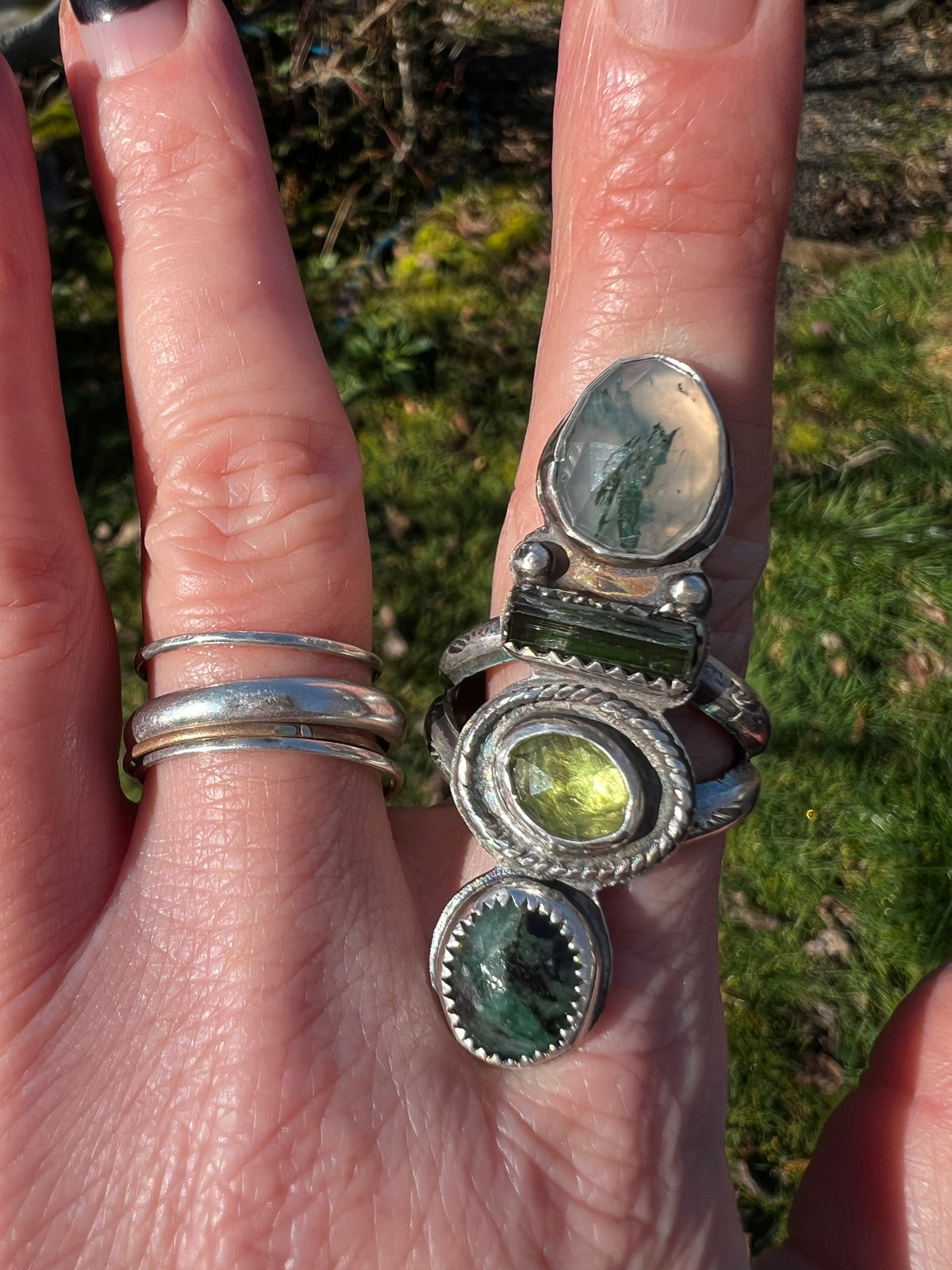 Emerald, Peridot, Watermelon Tourmaline and Mossy Quartz Quadruple Ring size 9