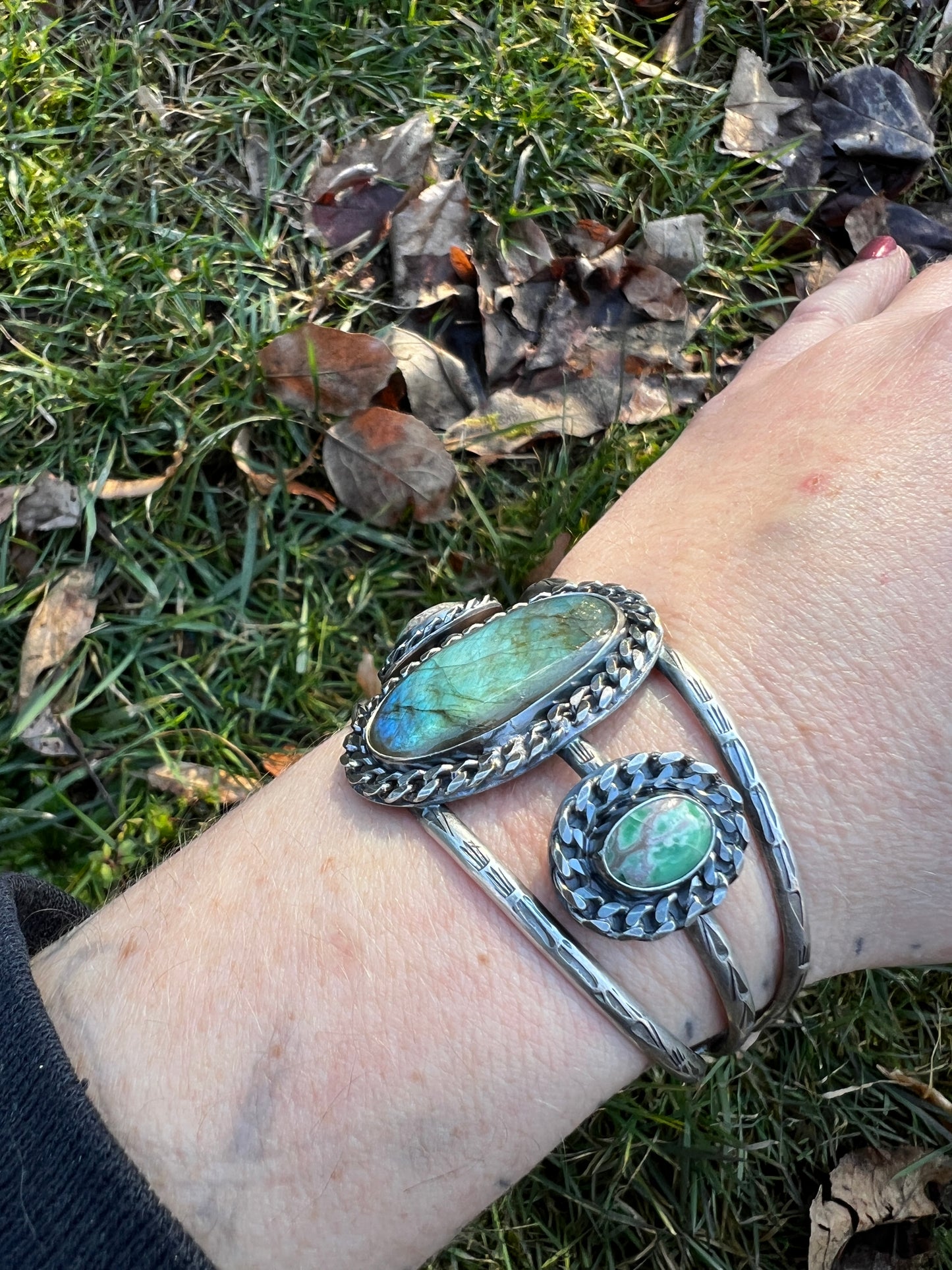 Labradorite and Variscite Chain Cuff Bracelet