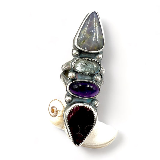 Chalcedony, Aquamarine, Amethyst and Alunite Four Stones Ring size 7.5