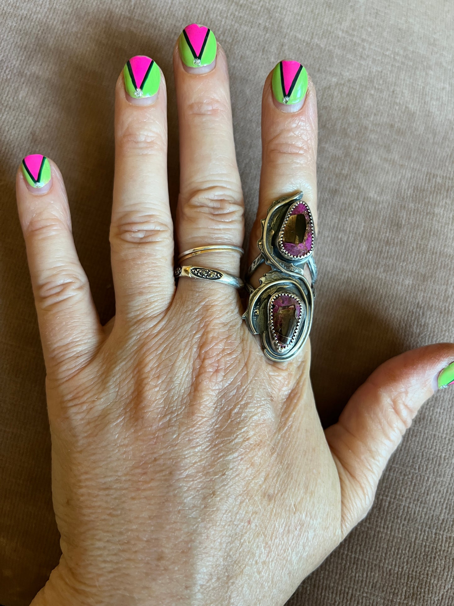 Pink Calcite Black Onyx Rose Parade Ring size 7.5