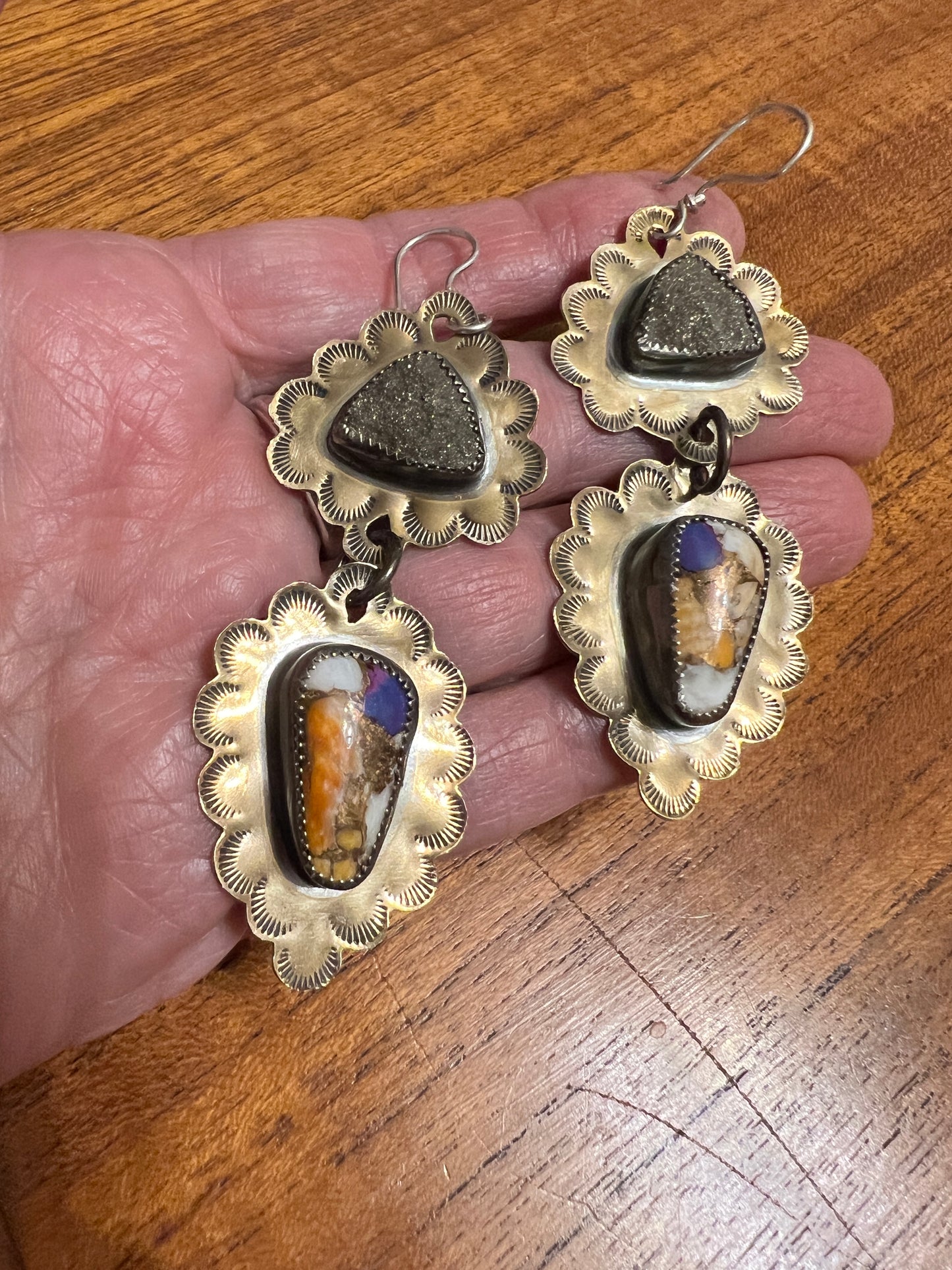 Ruffle Earrings with Pyrite and Spiny Oyster Mojave Turquoise